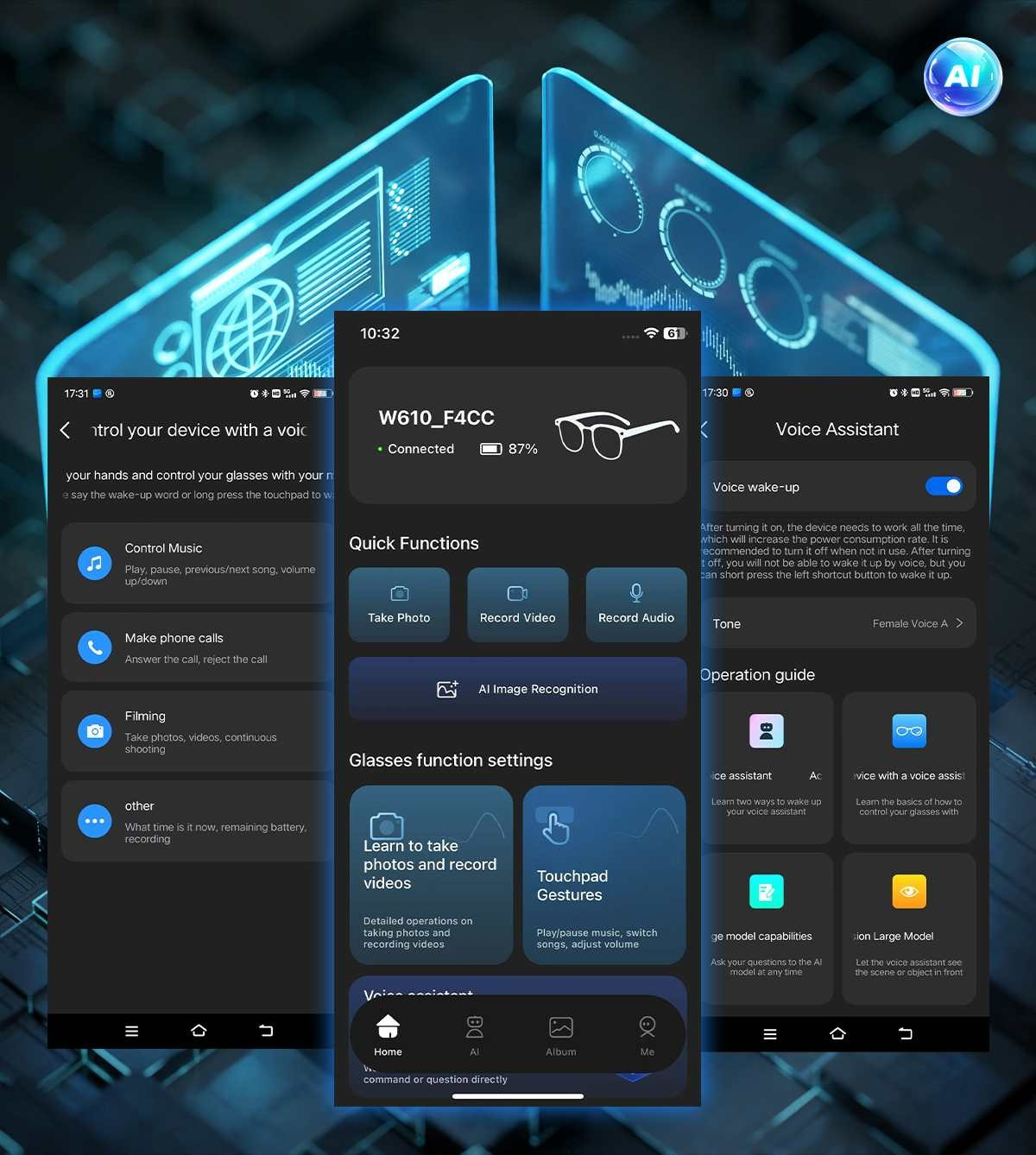 App-Oberflächen mit KI-Brillen-Steuerung und Sprachassistenten-Optionen.