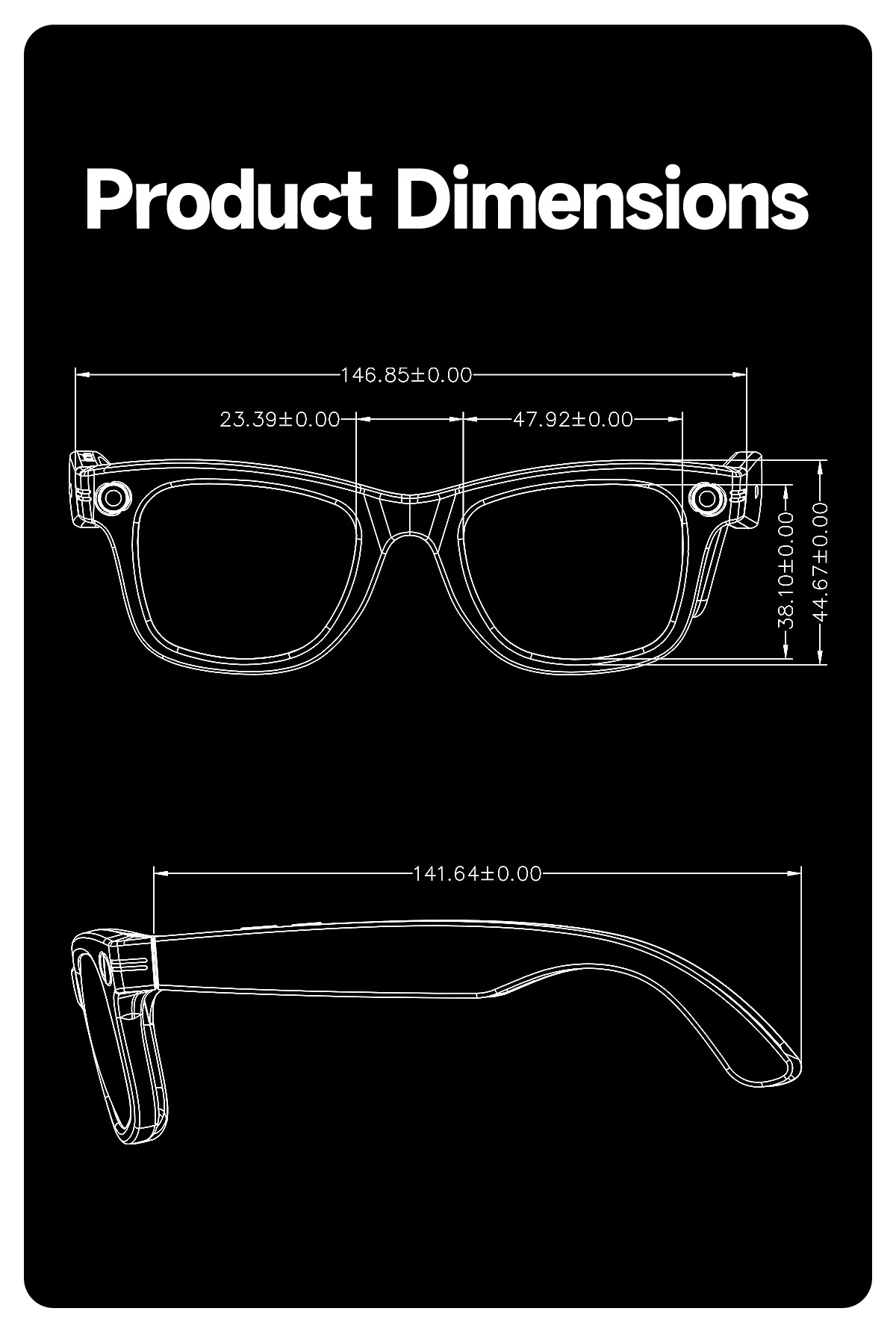 Technische Zeichnung einer Brille mit Maßangaben in Schwarz und Weiß.