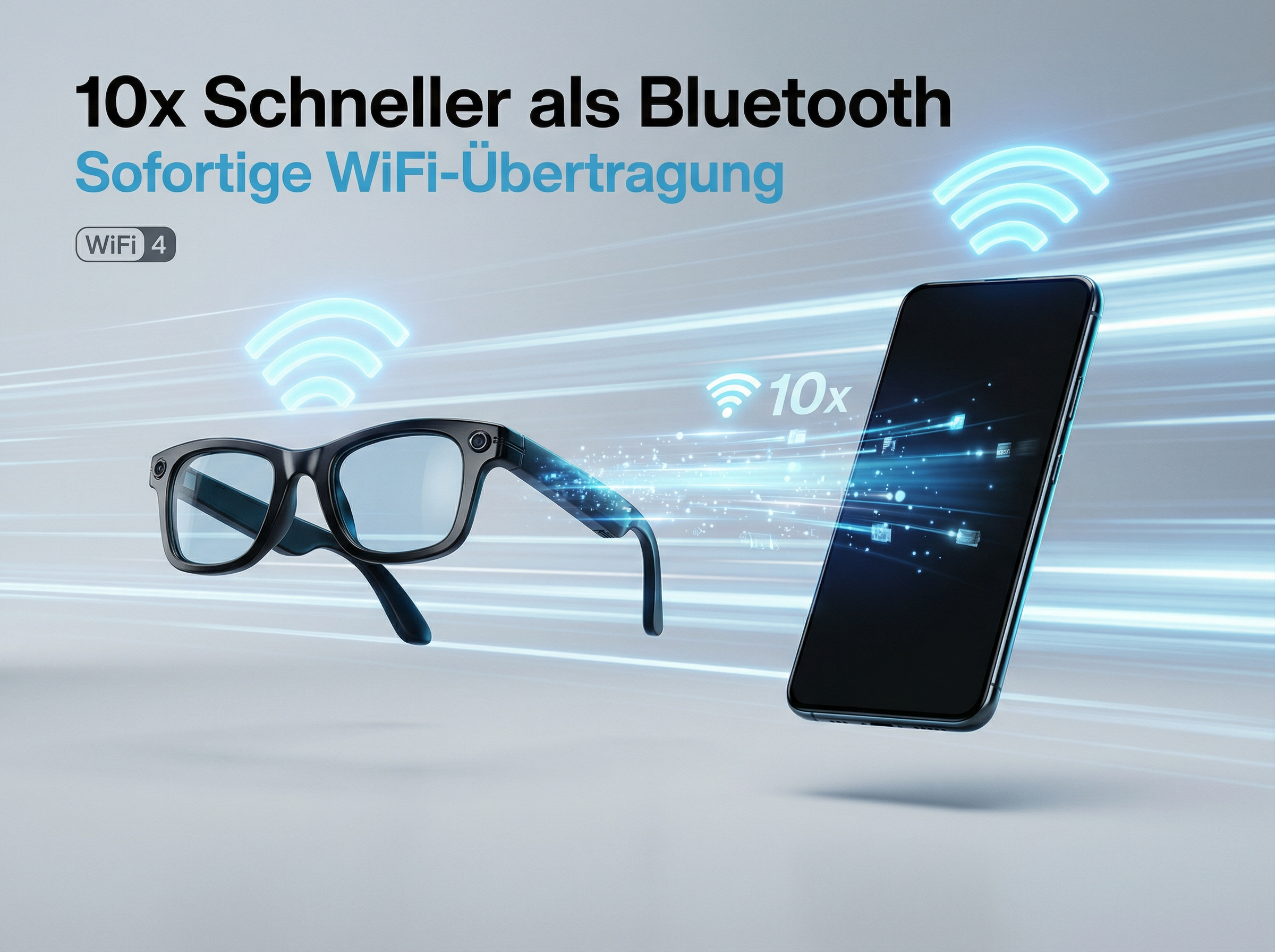 Schwarze Brille und Smartphone mit Wifi-Symbolen und blauen Lichtstrahlen.