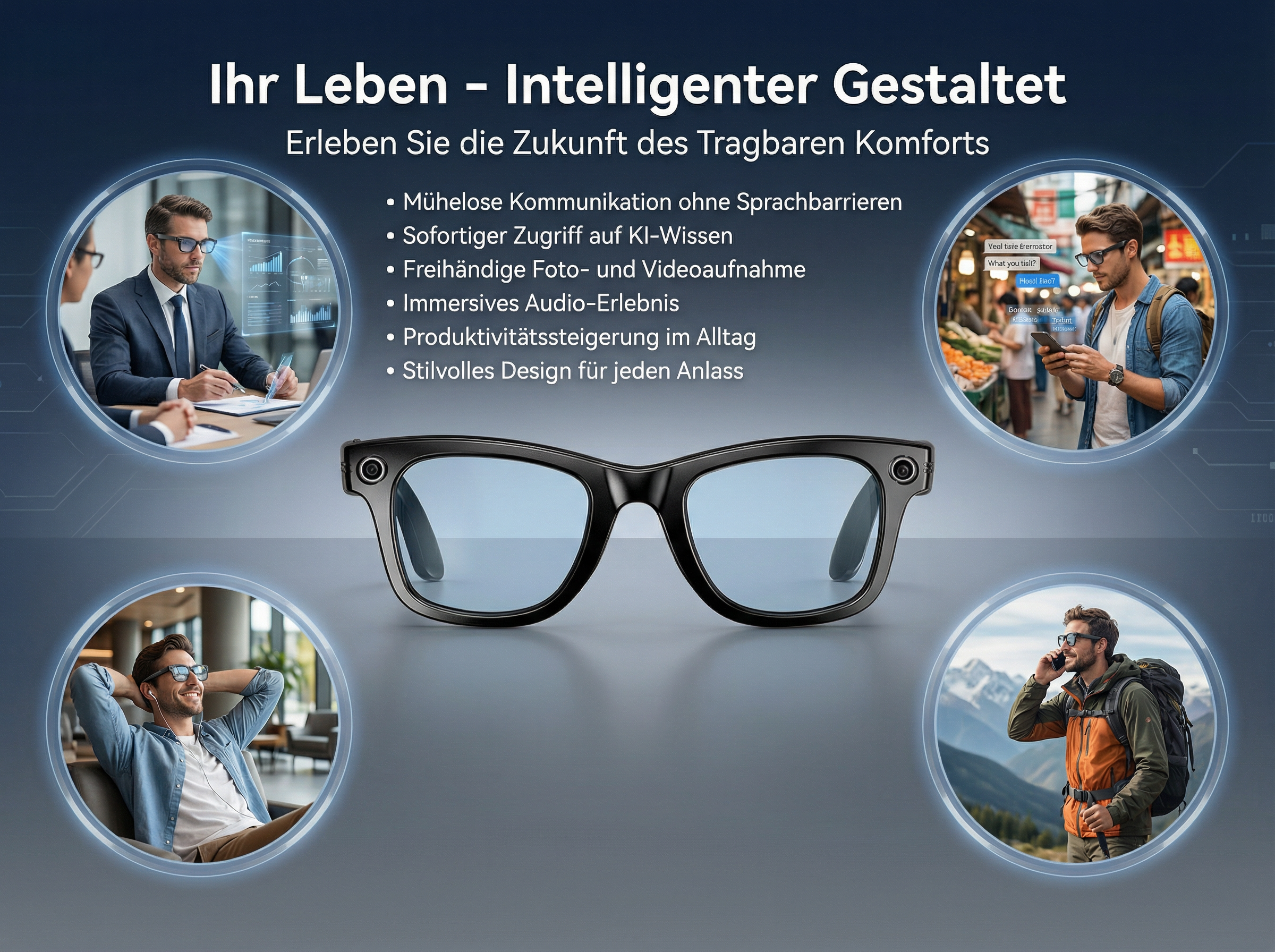 Smart Glasses mit vier Beispiel-Szenarien: Business, Markt, Entspannung, Wandern.
