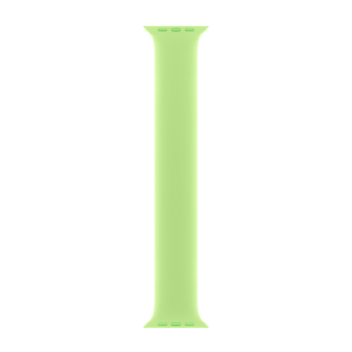 Un cinturino Apple Watch elastico verde chiaro su sfondo bianco.