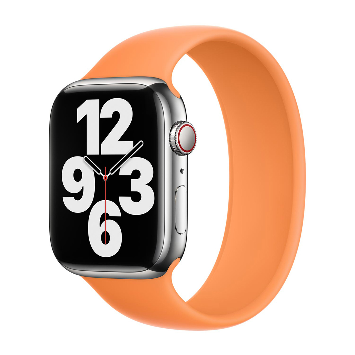 Uno smartwatch argentato con cinturino arancione e quadrante nero.