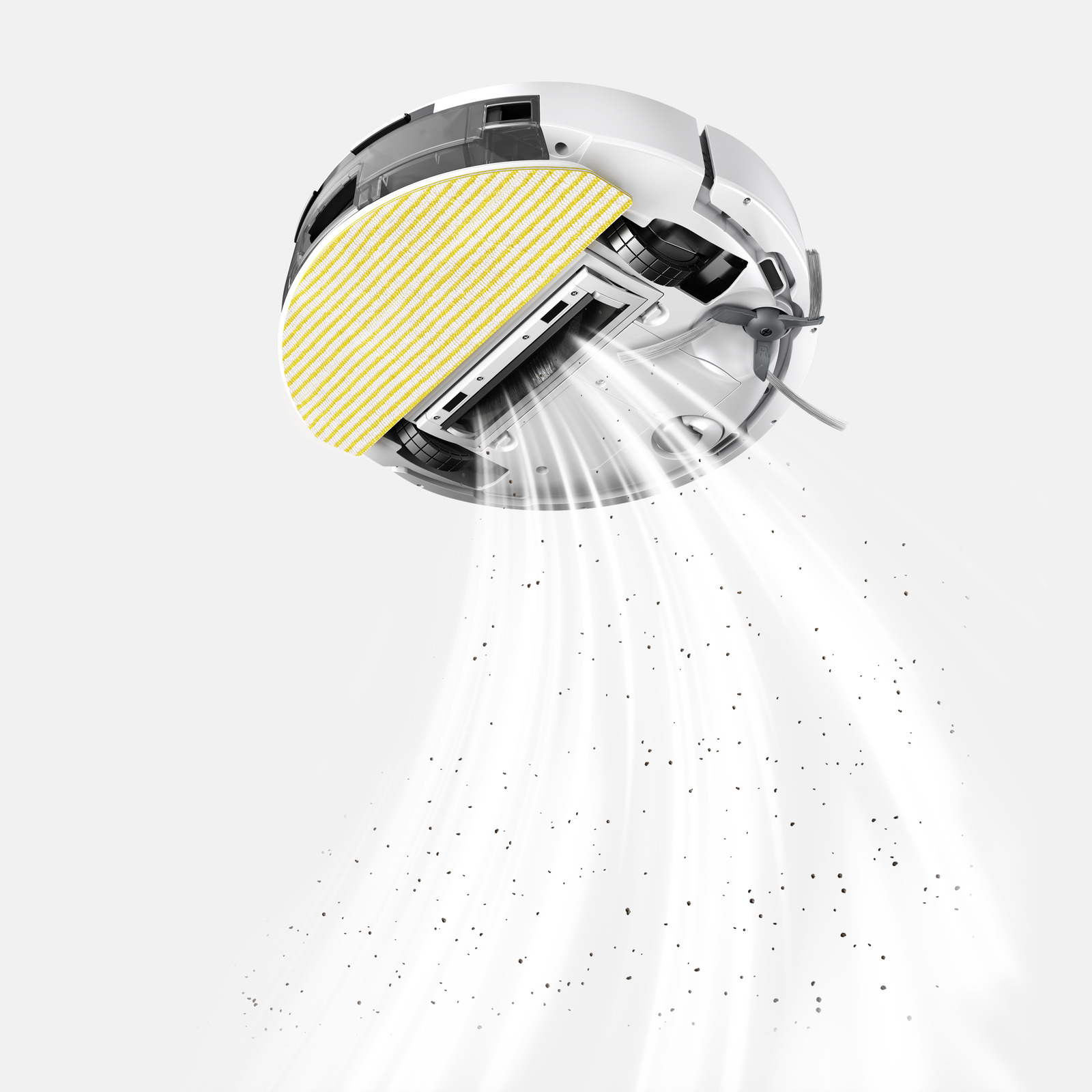 Odkurzacz automatyczny z żółtą nakładką mopującą zasysa brud.