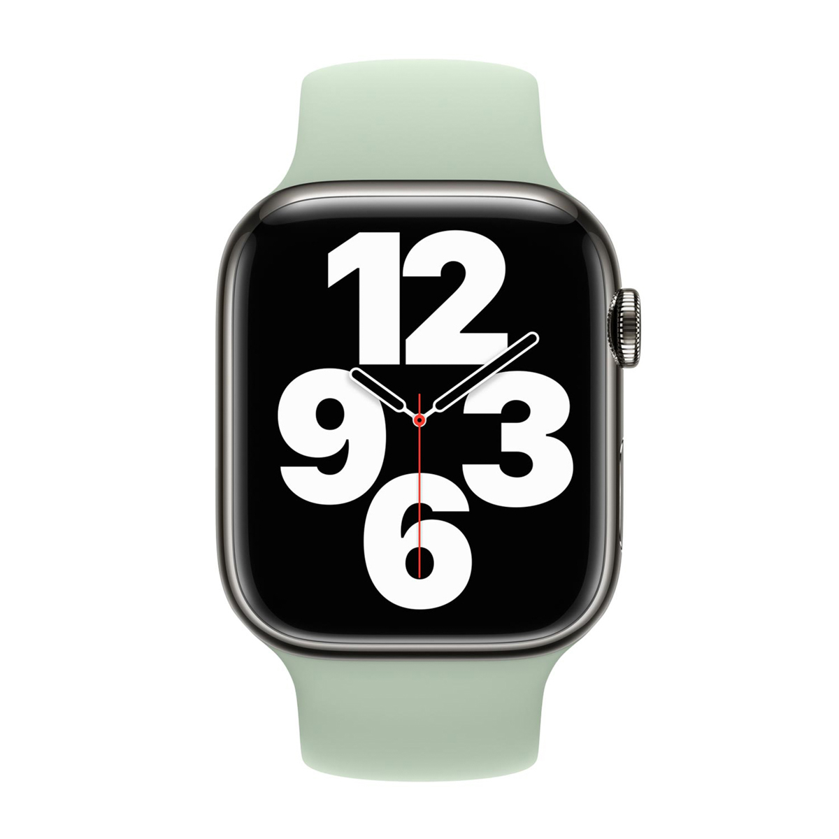 Uno smartwatch con cinturino verde chiaro e quadrante nero che mostra grandi numeri bianchi e lancetta dei secondi rossa.