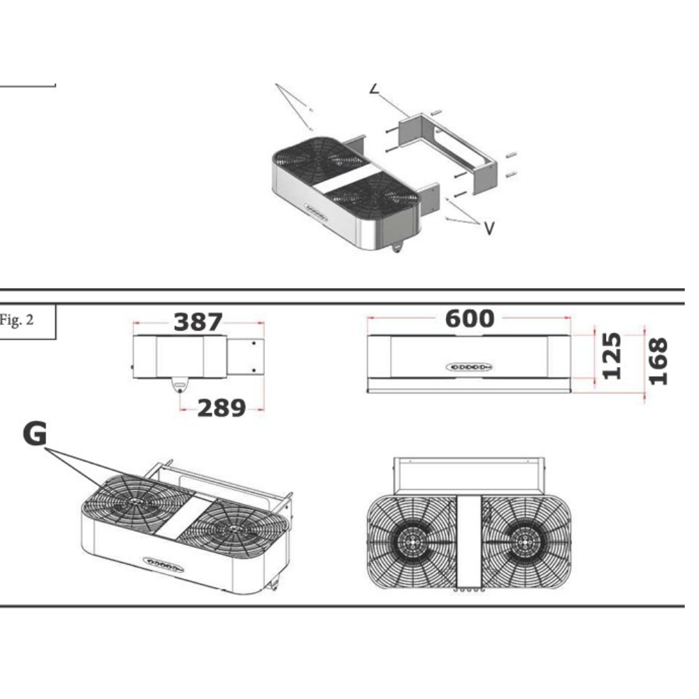 Technische tekening: ventilatorunit met afmetingen en onderdelen.