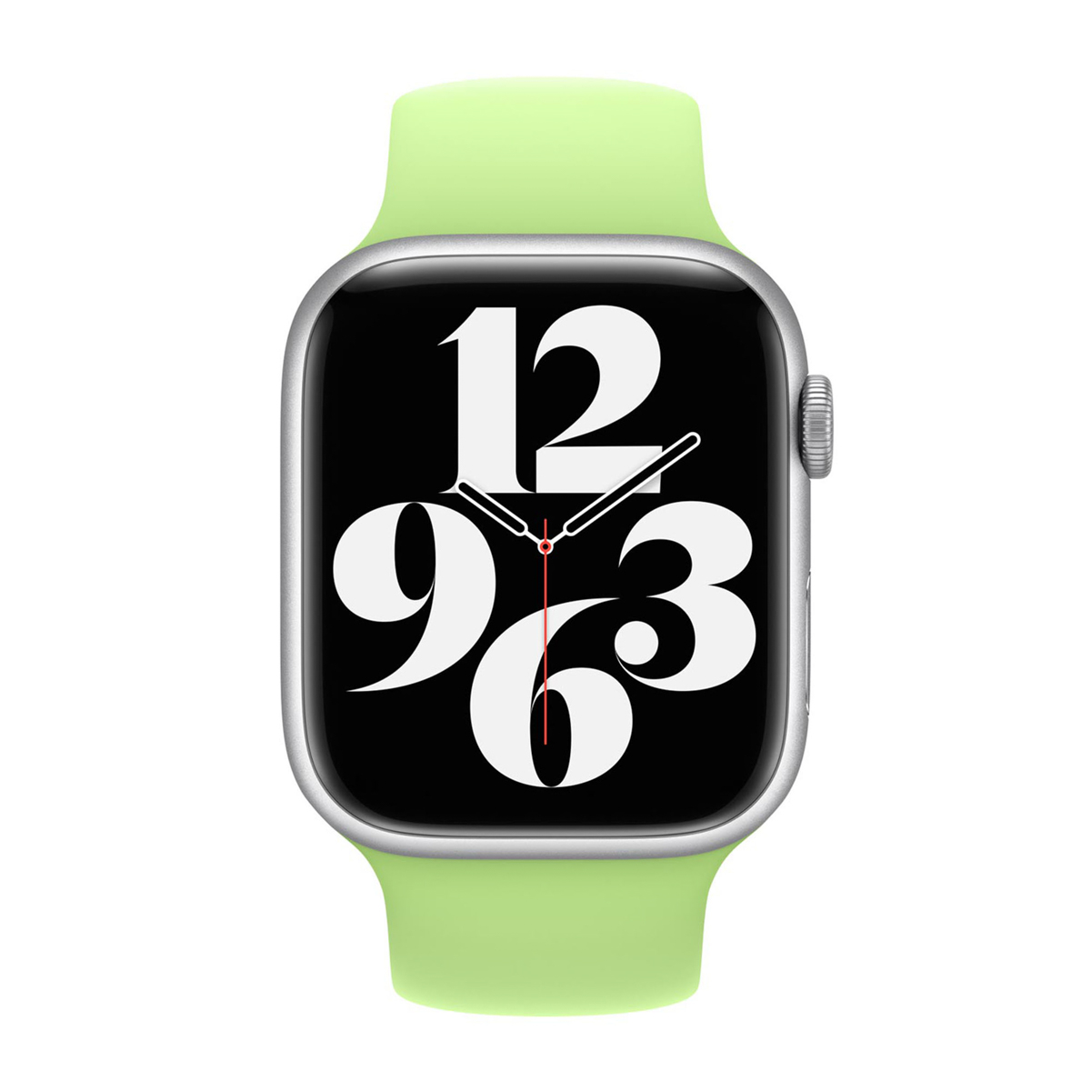 Un Apple Watch verde chiaro con quadrante grande che mostra numeri bianchi.