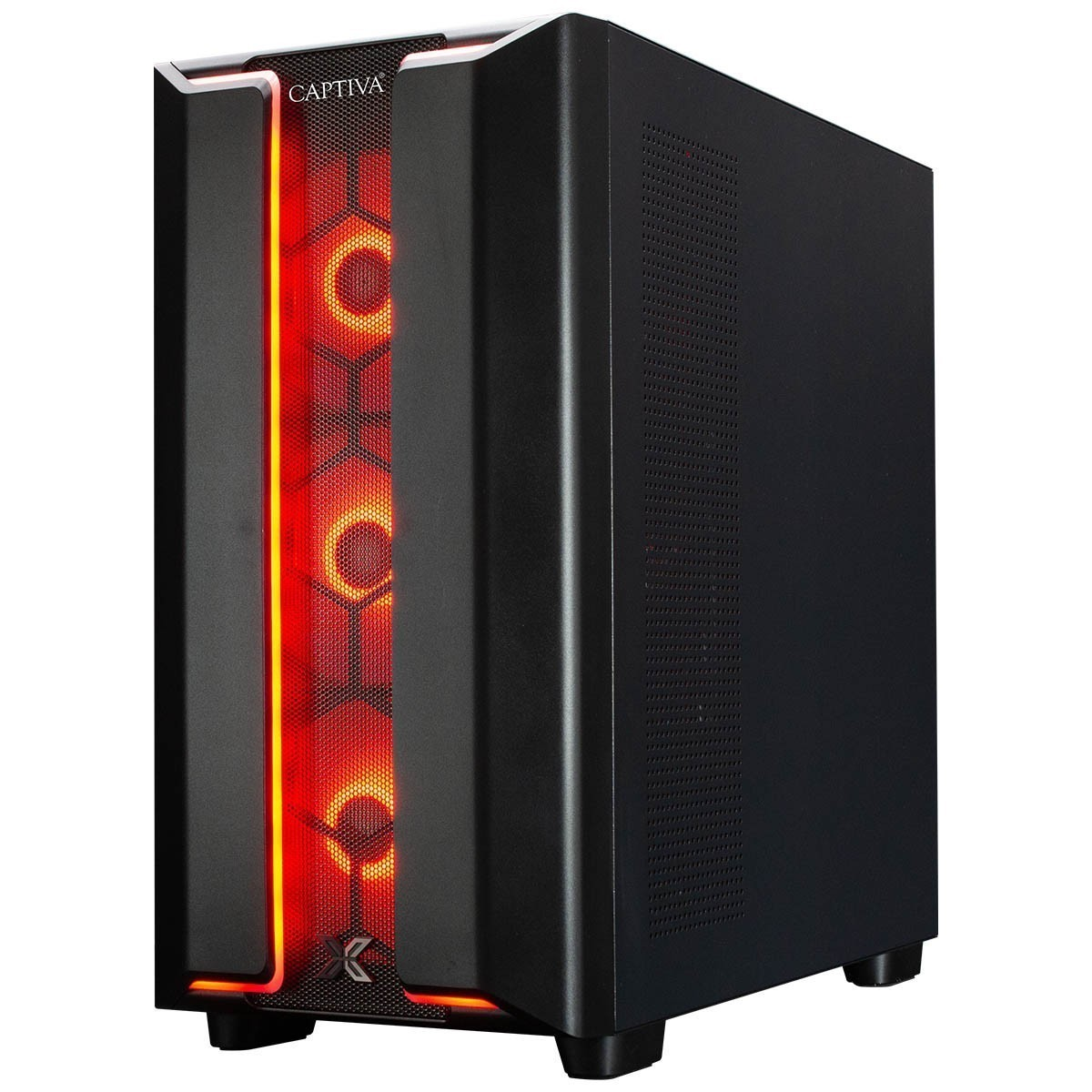 Schwarzes PC-Gehäuse mit roter LED-Beleuchtung und Wabengitter-Front.