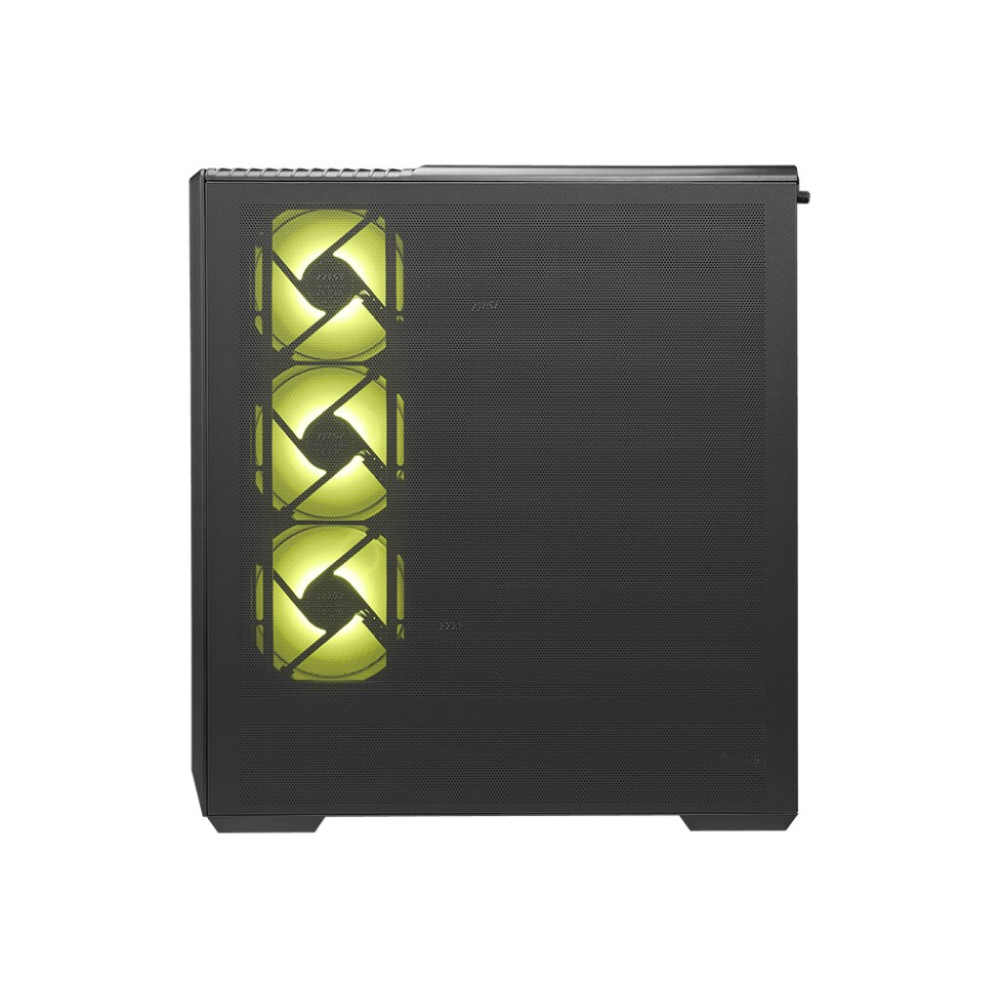 Czarna obudowa komputera z trzema podświetlanymi żółtymi wentylatorami po lewej stronie.