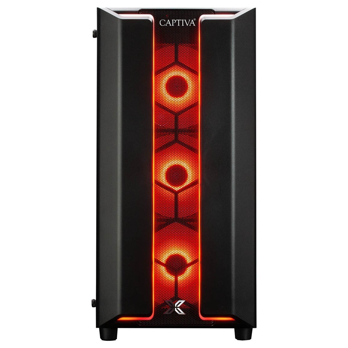 Boîtier PC noir avec grille rouge éclairée et logo.