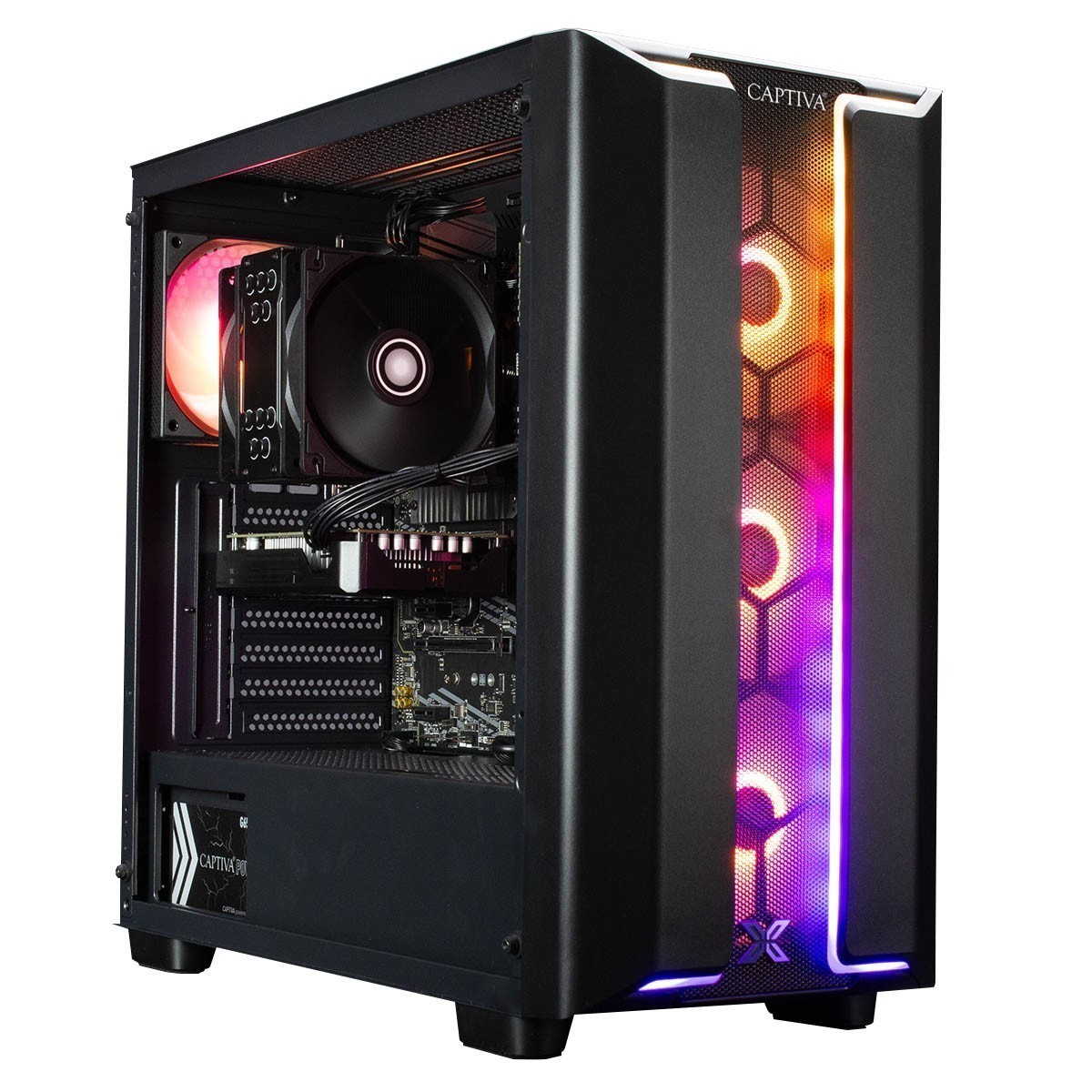 Ein schwarzes PC-Gehäuse mit offenem Seitenteil, das Lüfter und Komponenten zeigt.