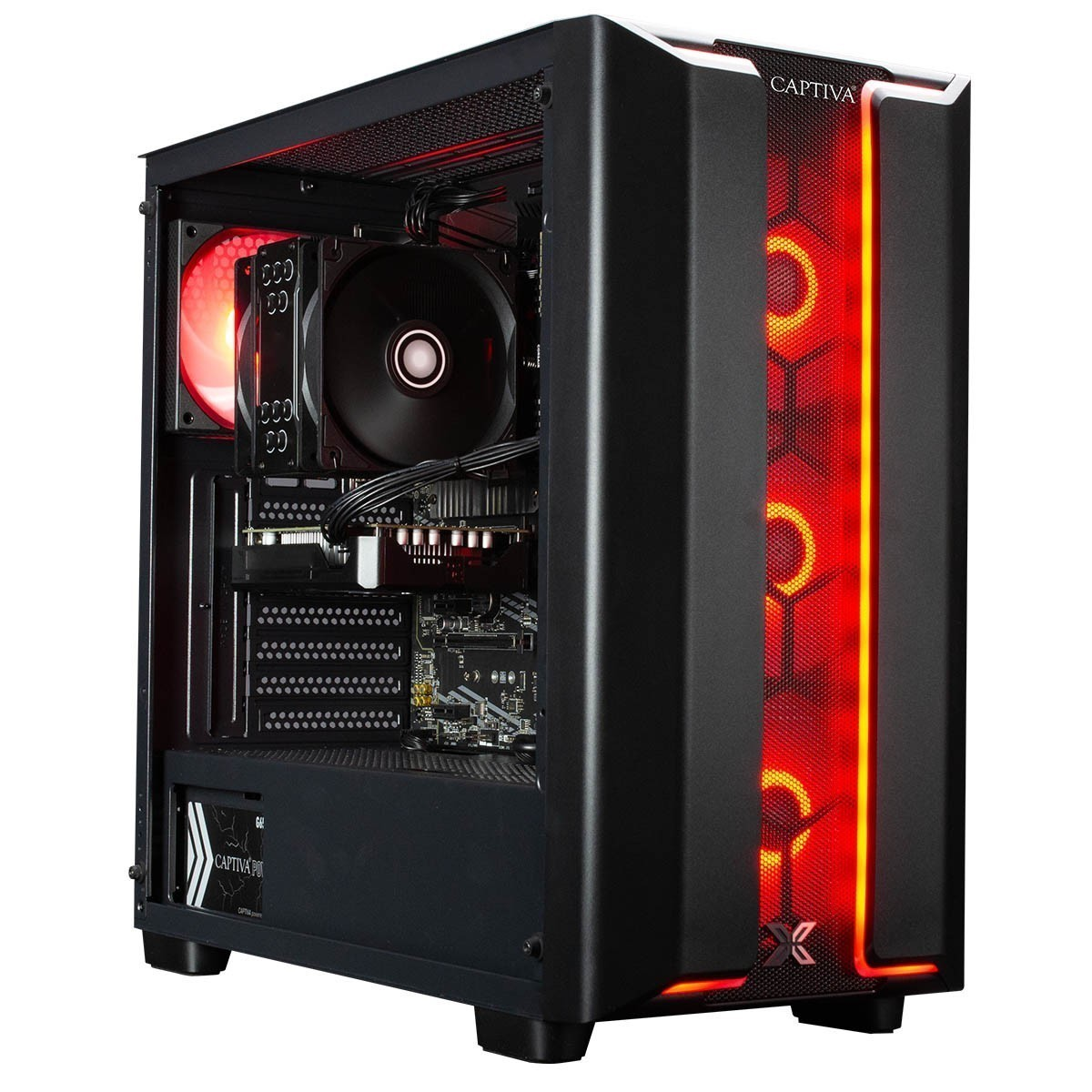 Un case PC nero con ventole e illuminazione rosse, componenti interni visibili.