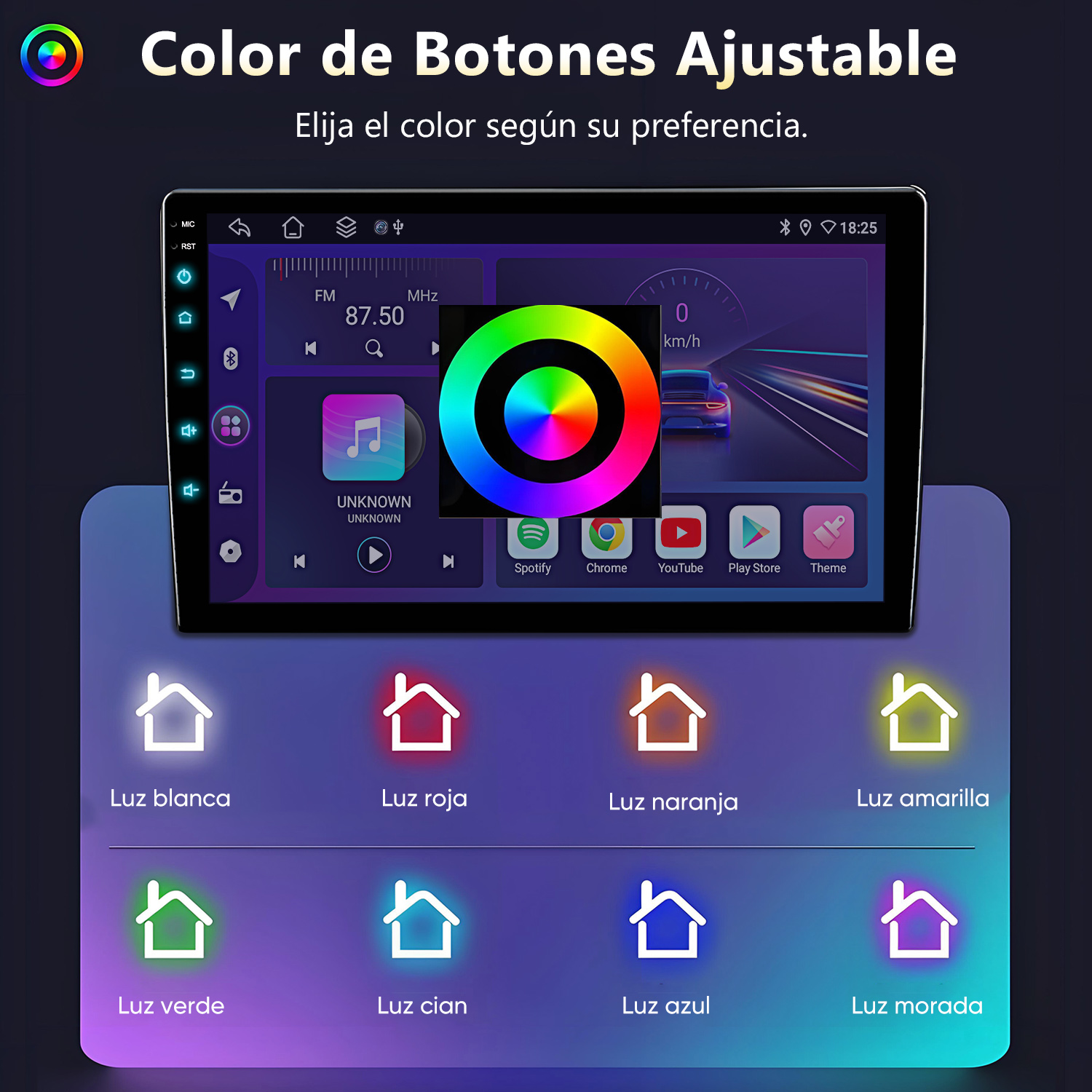 Pantalla de radio de coche con selector de color y opciones de luz.