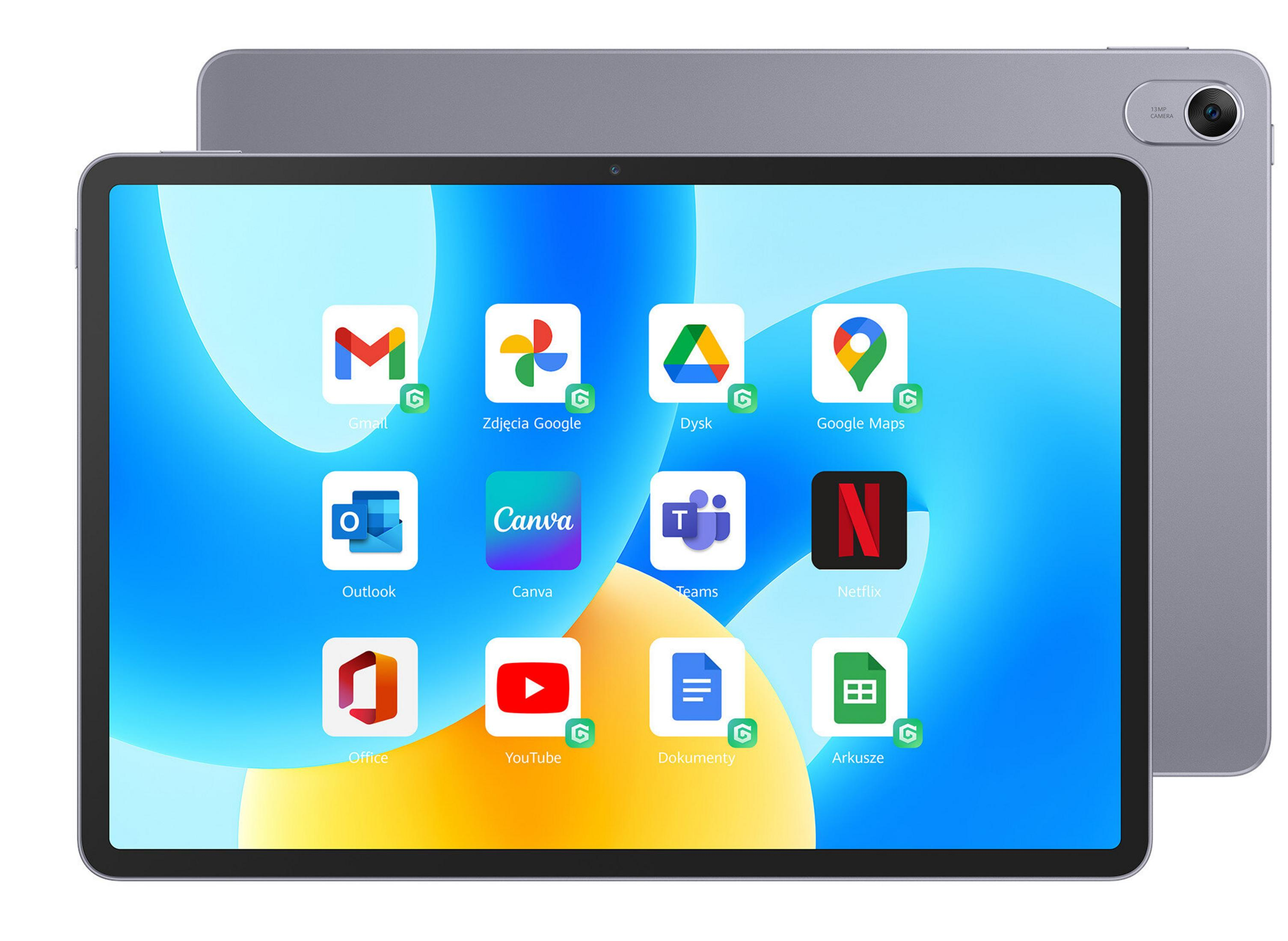 Szary tablet z aplikacjami: Gmail, Zdjęcia Google, Dysk, Mapy, Outlook, Canva, Teams, Netflix, Office, YouTube.