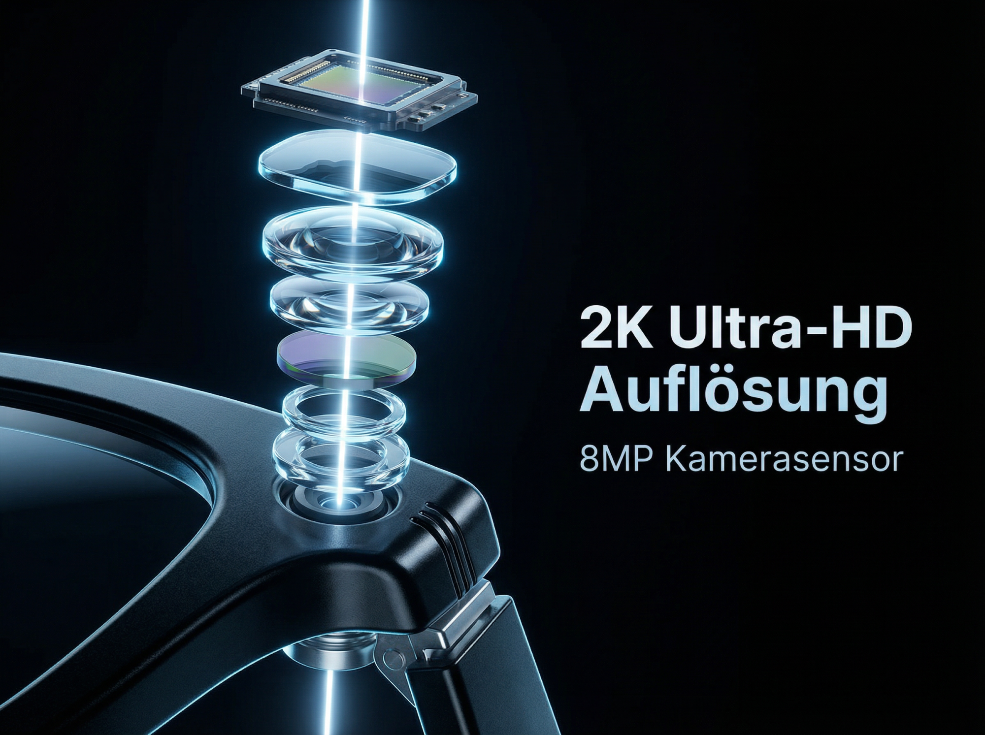 Explodierte Ansicht eines Kamera-Sensors mit Linsen und Text.