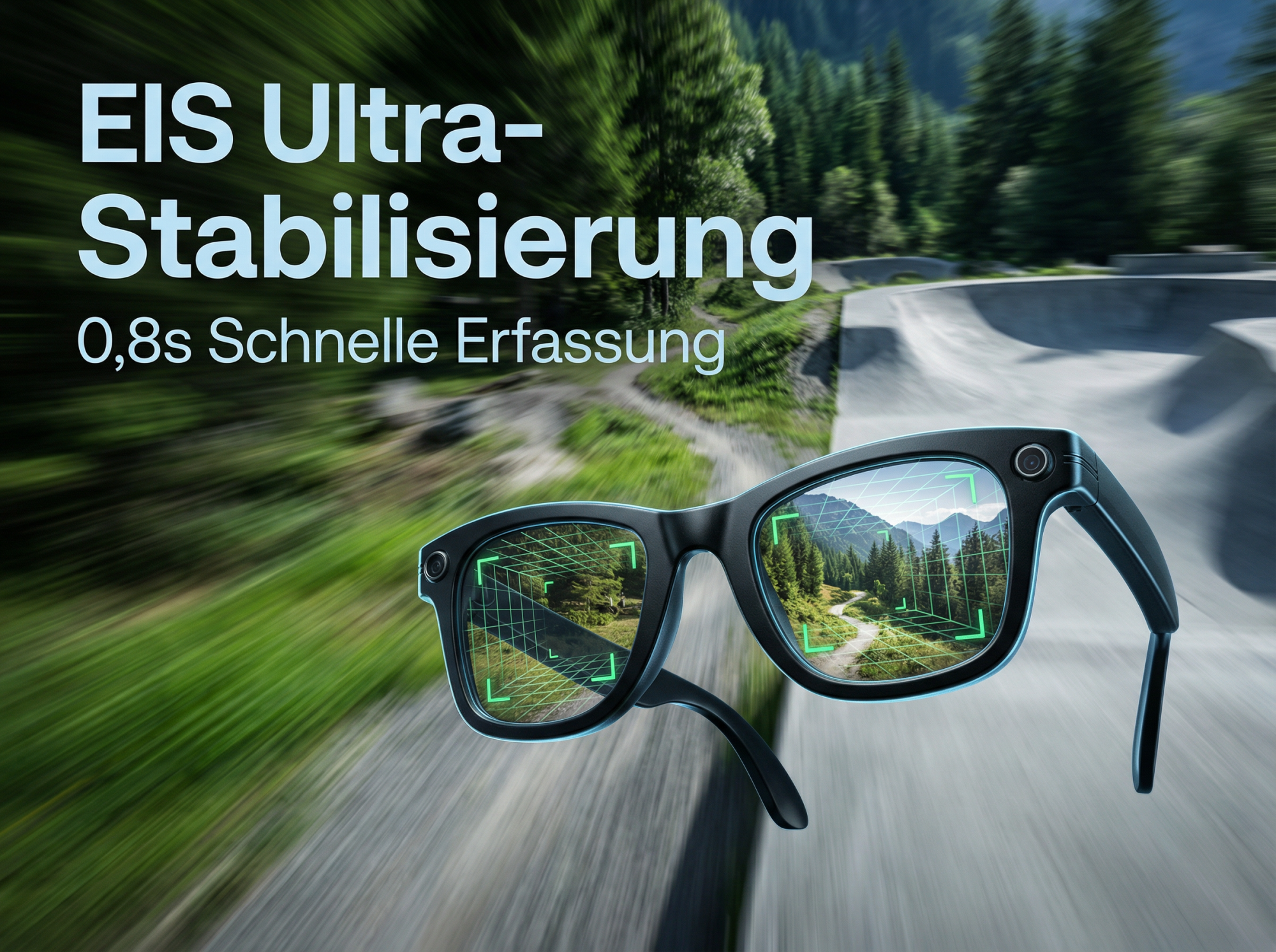 Brille mit Berglandschaft und grüner Gitteranzeige vor unscharfem Wald und Skatepark.