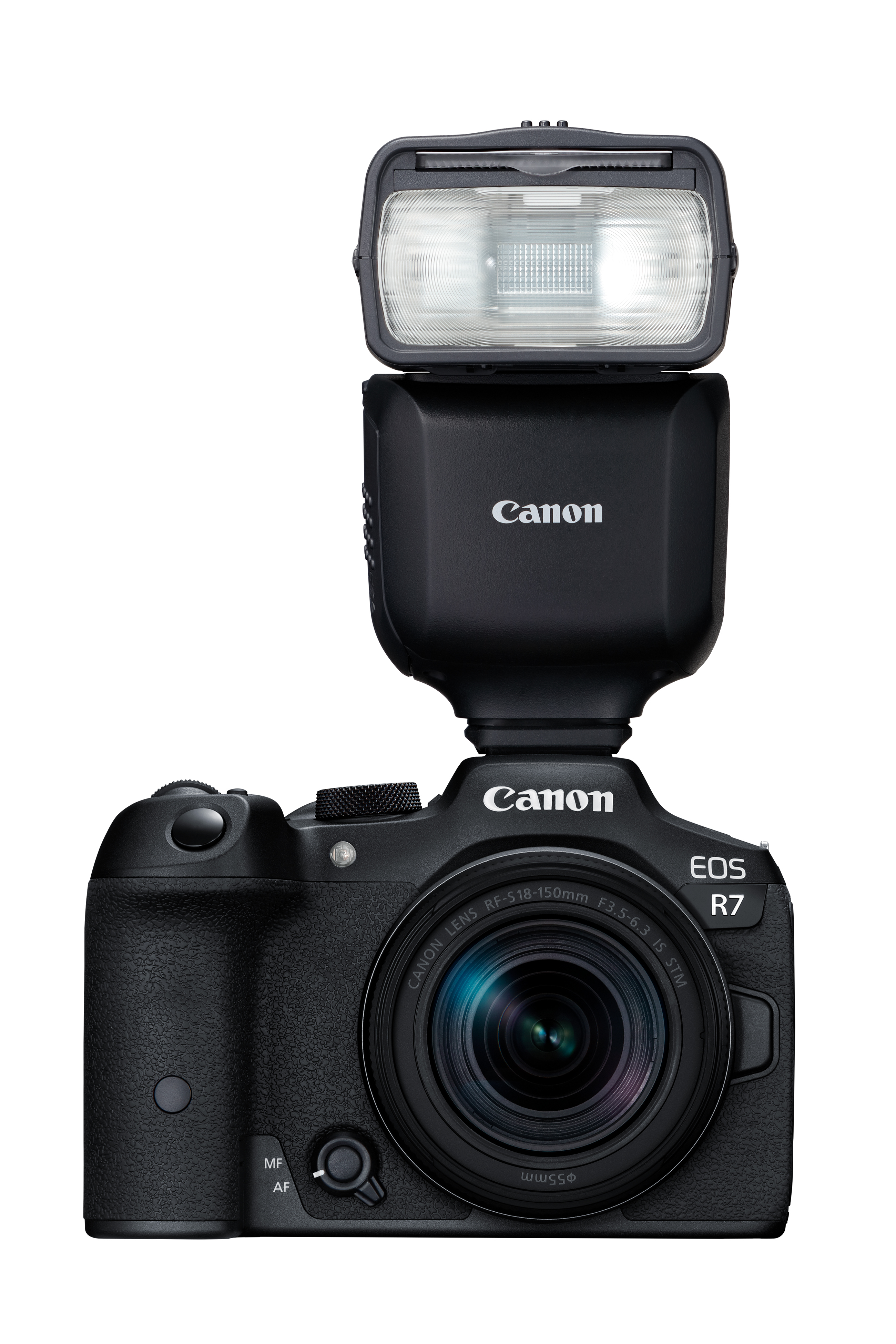 Schwarze Canon EOS R7 Kamera mit aufgesetztem Blitzgerät, detailliert.