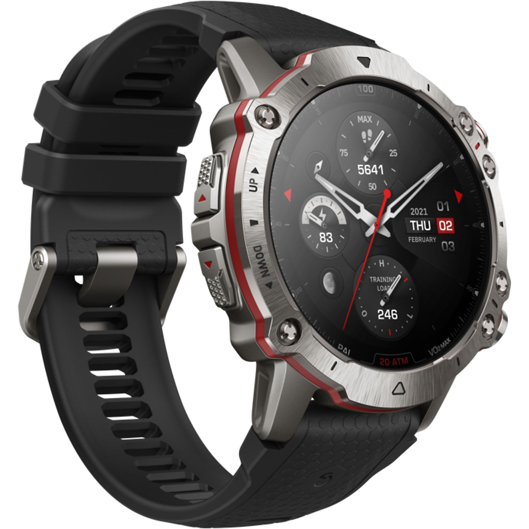 Uno smartwatch argentato con cinturino nero e anello rosso. Il display mostra ora e dati fitness.