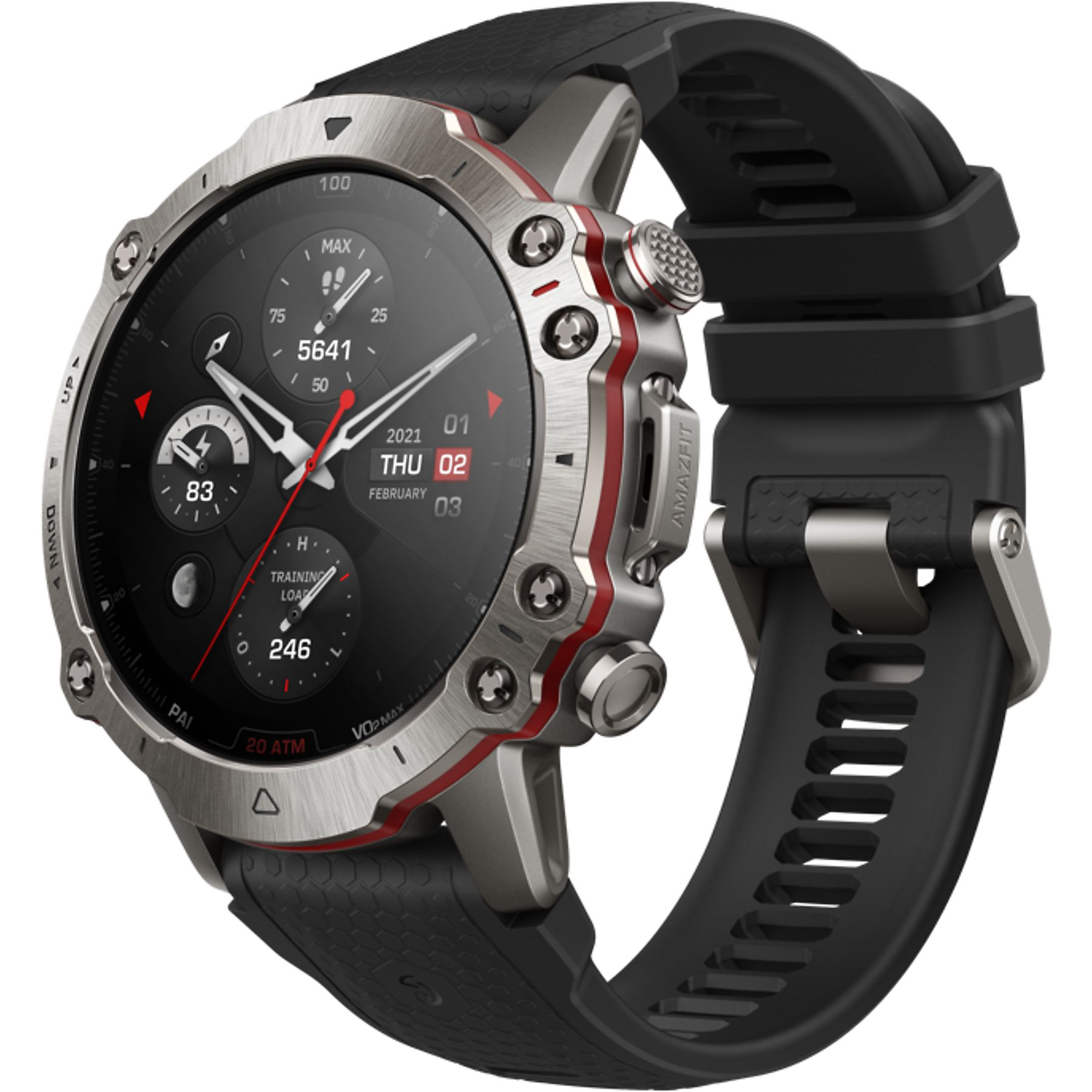 Uno smartwatch con cinturino nero e cassa argentata. Il quadrante mostra i dati.