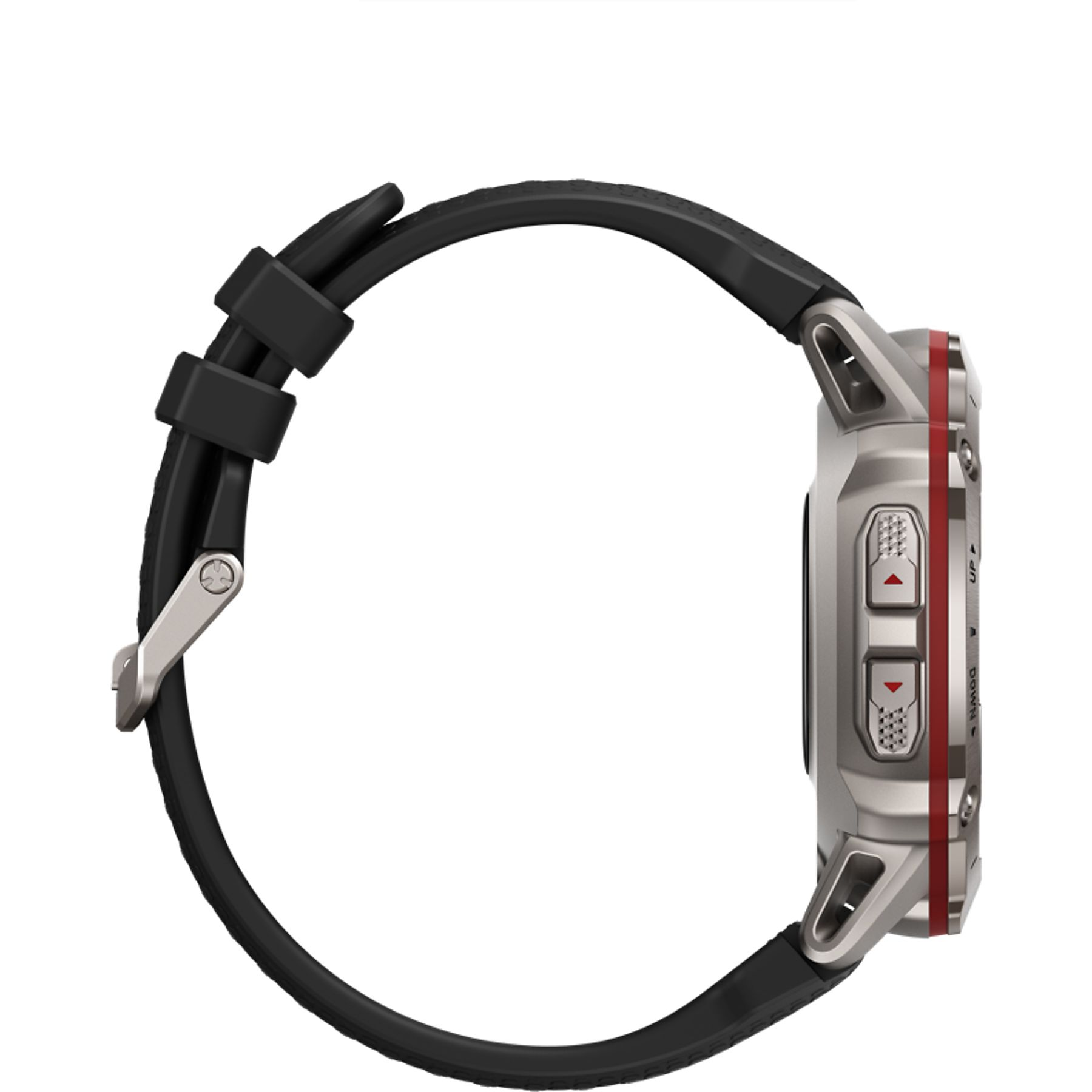 Smartwatch grigio con cinturino nero e accenti rossi.