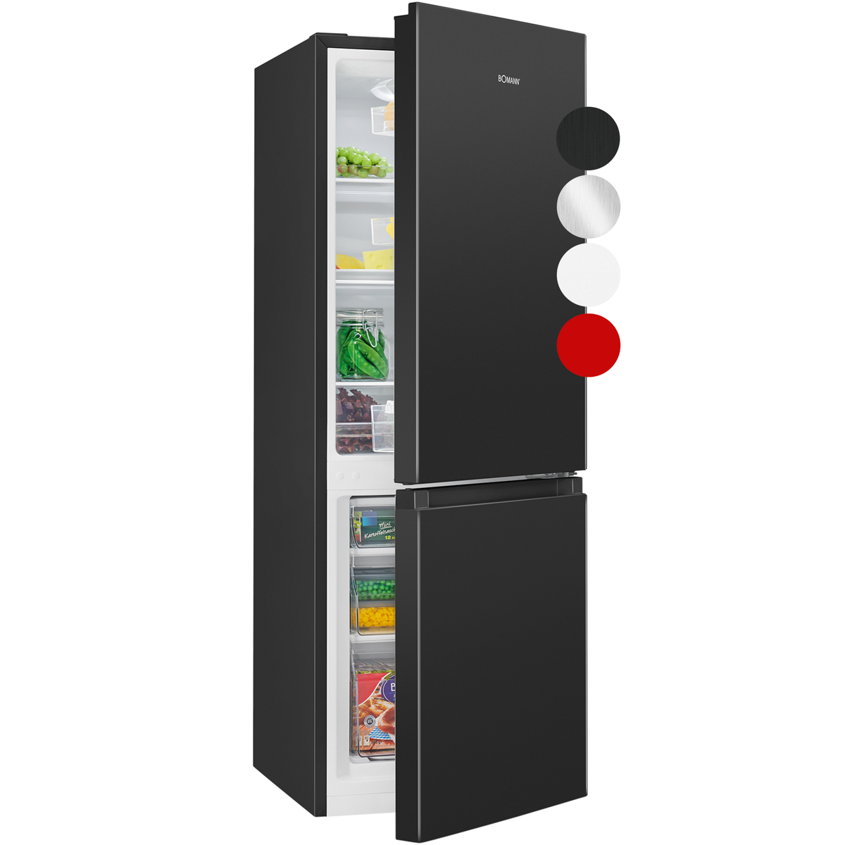 Czarna lodówka z otwartymi drzwiami, wypełniona jedzeniem.