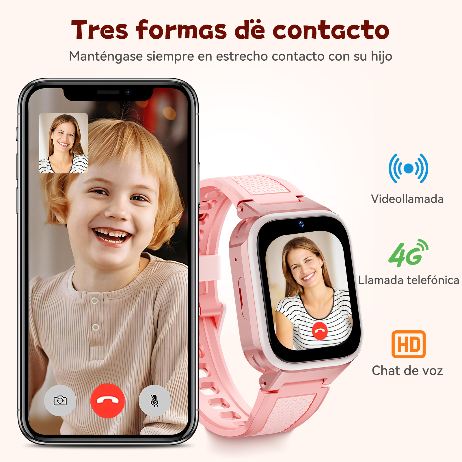 Różowy smartwatch i smartfon pokazują rozmowy wideo między dzieckiem a kobietą.