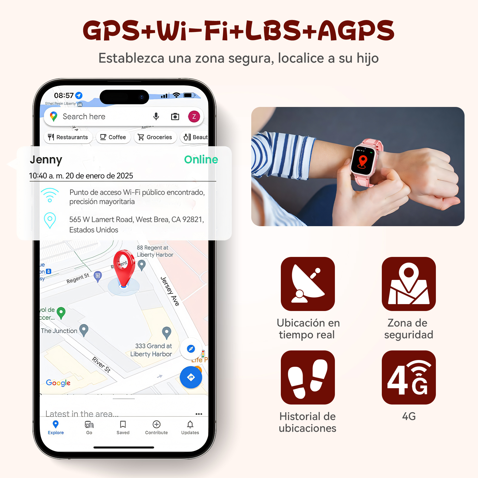 Dłoń nosi różowy smartwatch wyświetlający lokalizację na mapie.