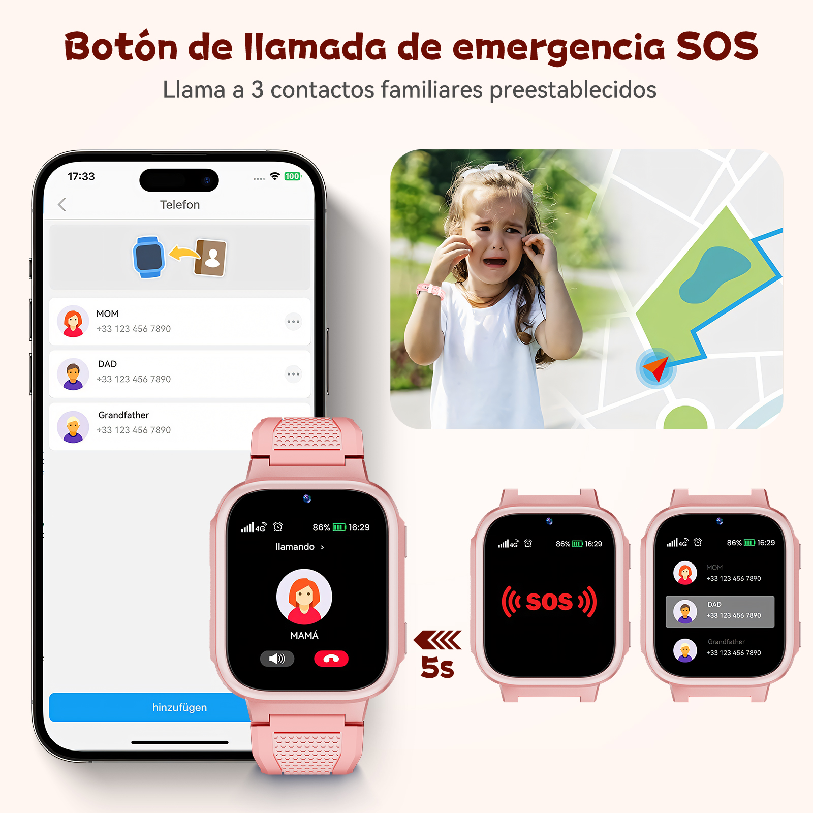 Różowy smartwatch SOS wyświetla kontakty, rozmowę i płaczące dziecko.