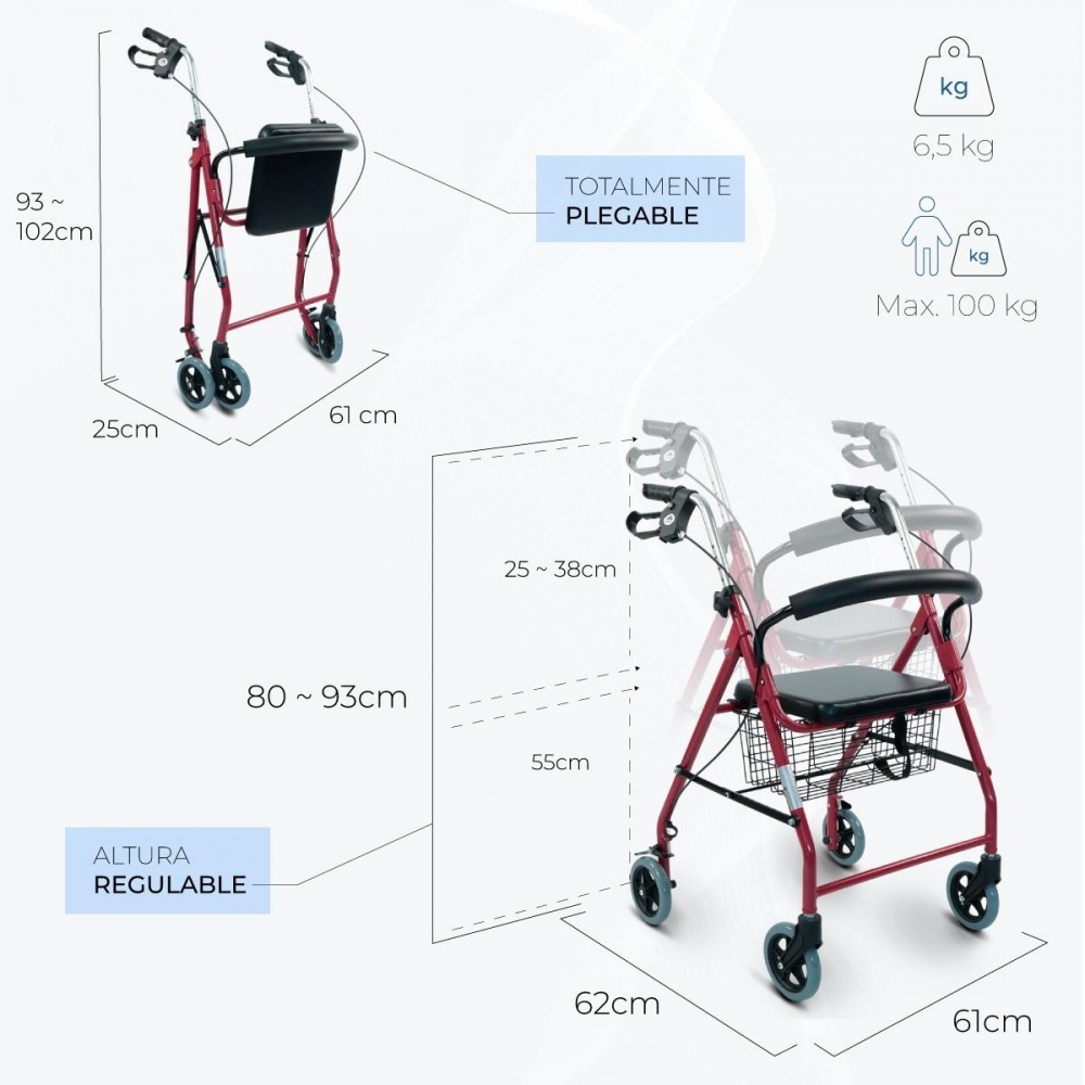 Andador rojo con asiento y cesta, altura ajustable, plegable, 6.5 kg, máx 100 kg.