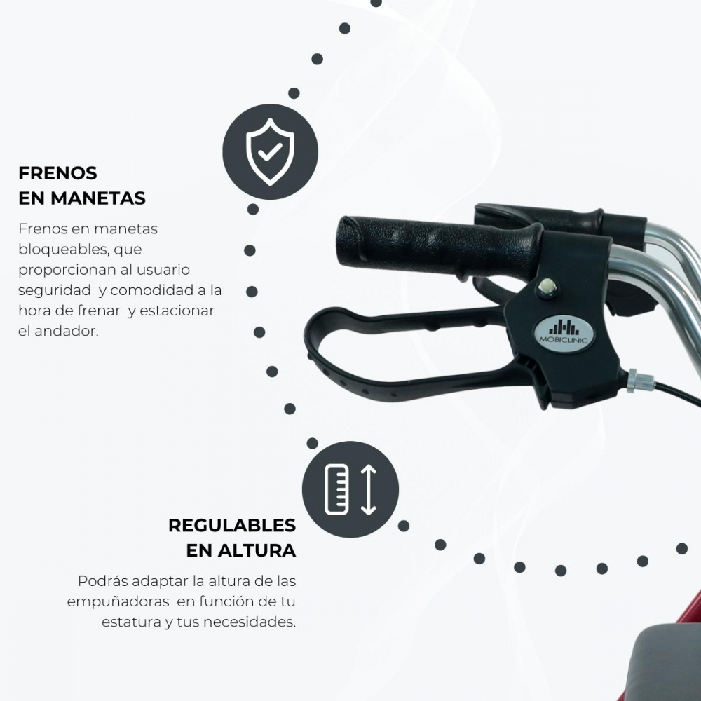 Empuñaduras de andador con frenos y altura ajustable para seguridad.