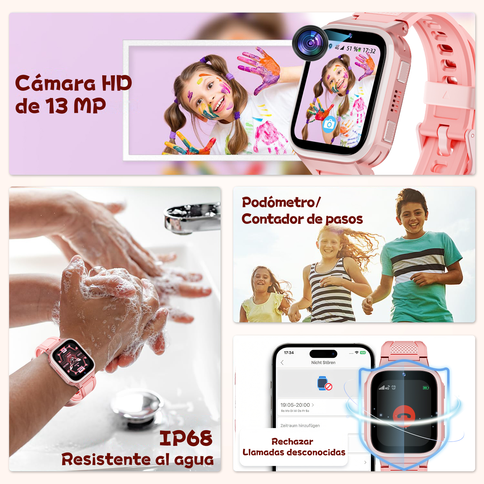 Dzieci z kolorowymi dłońmi i różowa inteligentna opaska z kamerą.