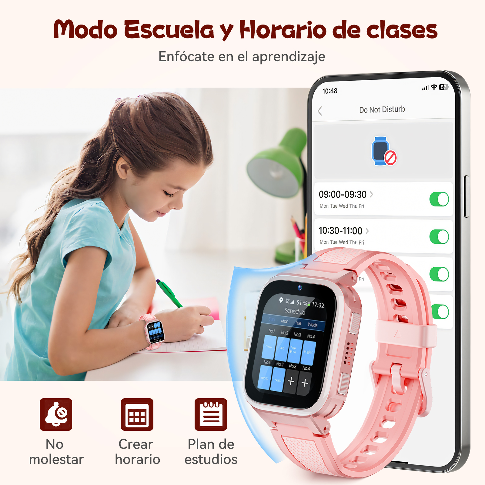 Dziewczynka uczy się, różowy smartwatch pokazuje plan lekcji, telefon w tle.