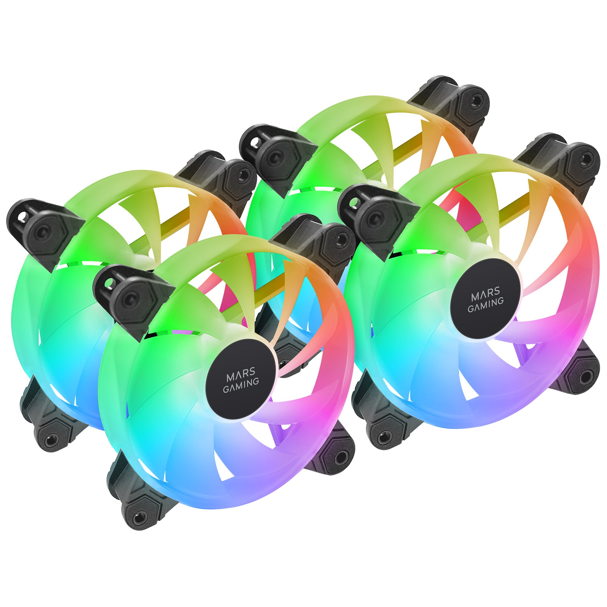 Quattro ventole RGB con logo "MARS GAMING" su sfondo bianco.