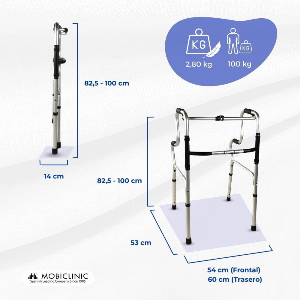 Un andador plegable y un andador de pie con dimensiones y capacidades.