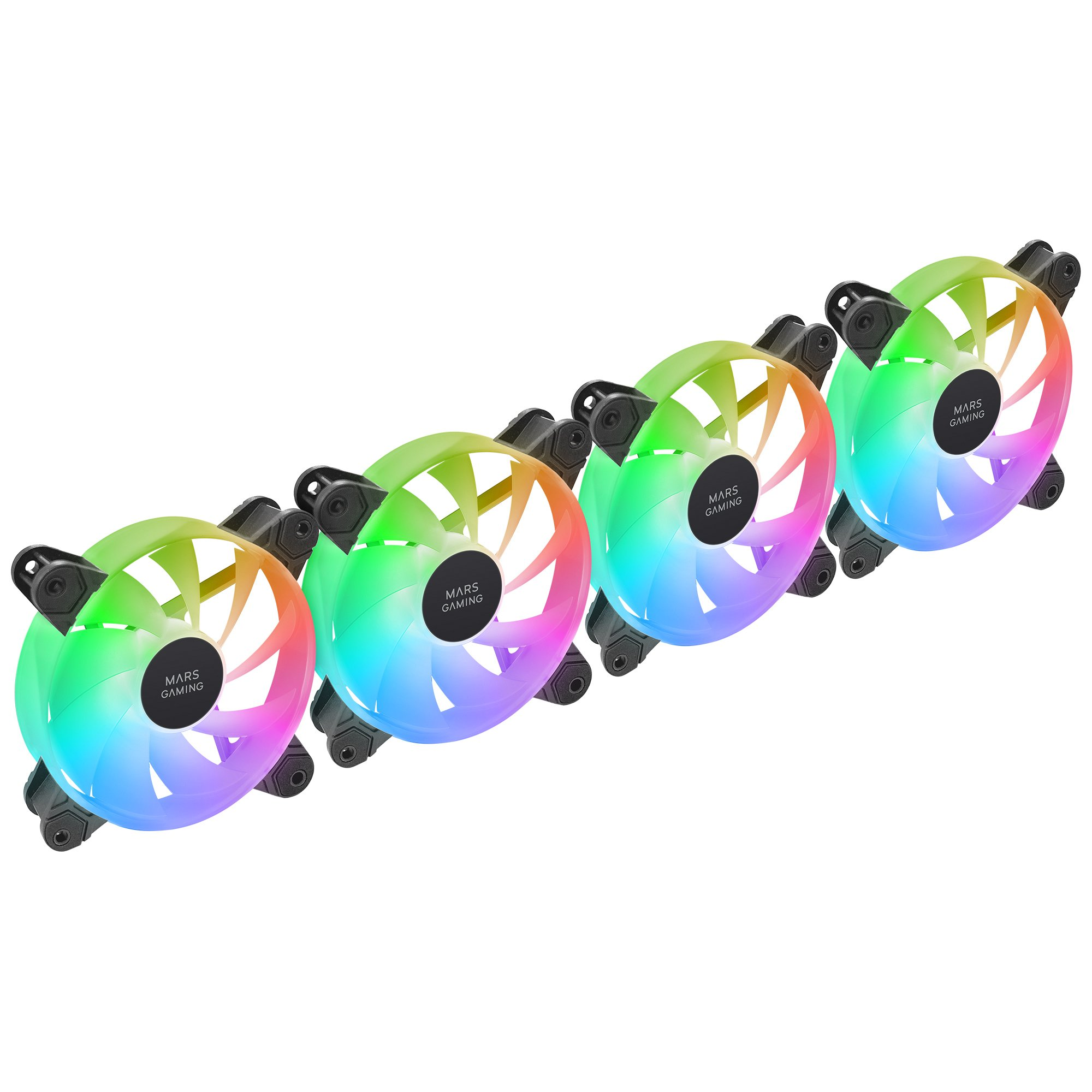 Quattro ventole per PC MARS GAMING RGB una accanto all'altra.