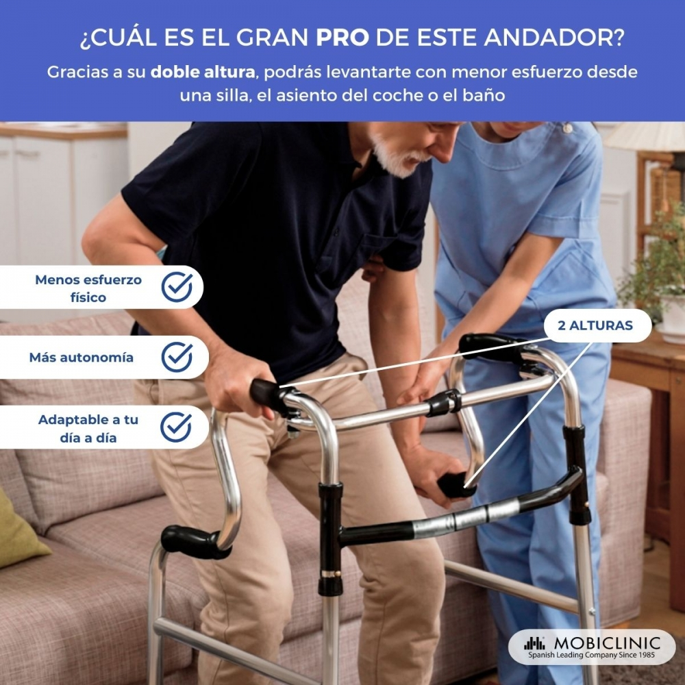Un anciano usa un andador, apoyado por una enfermera. Destacados resaltan beneficios.
