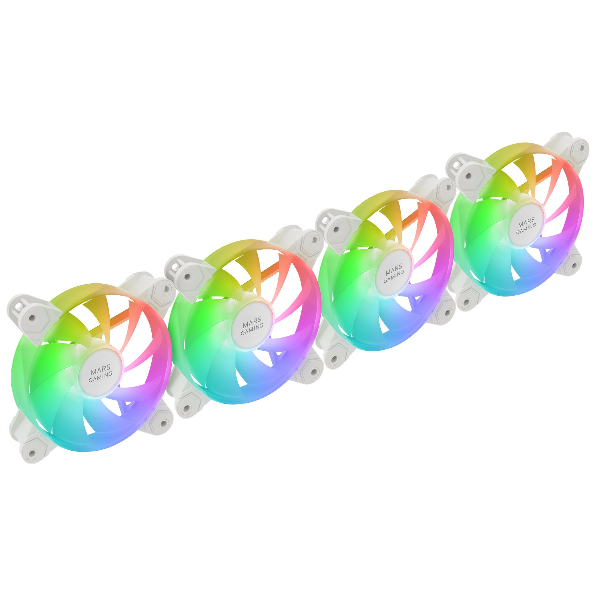Quattro ventole PC bianche con illuminazione RGB, su sfondo bianco.