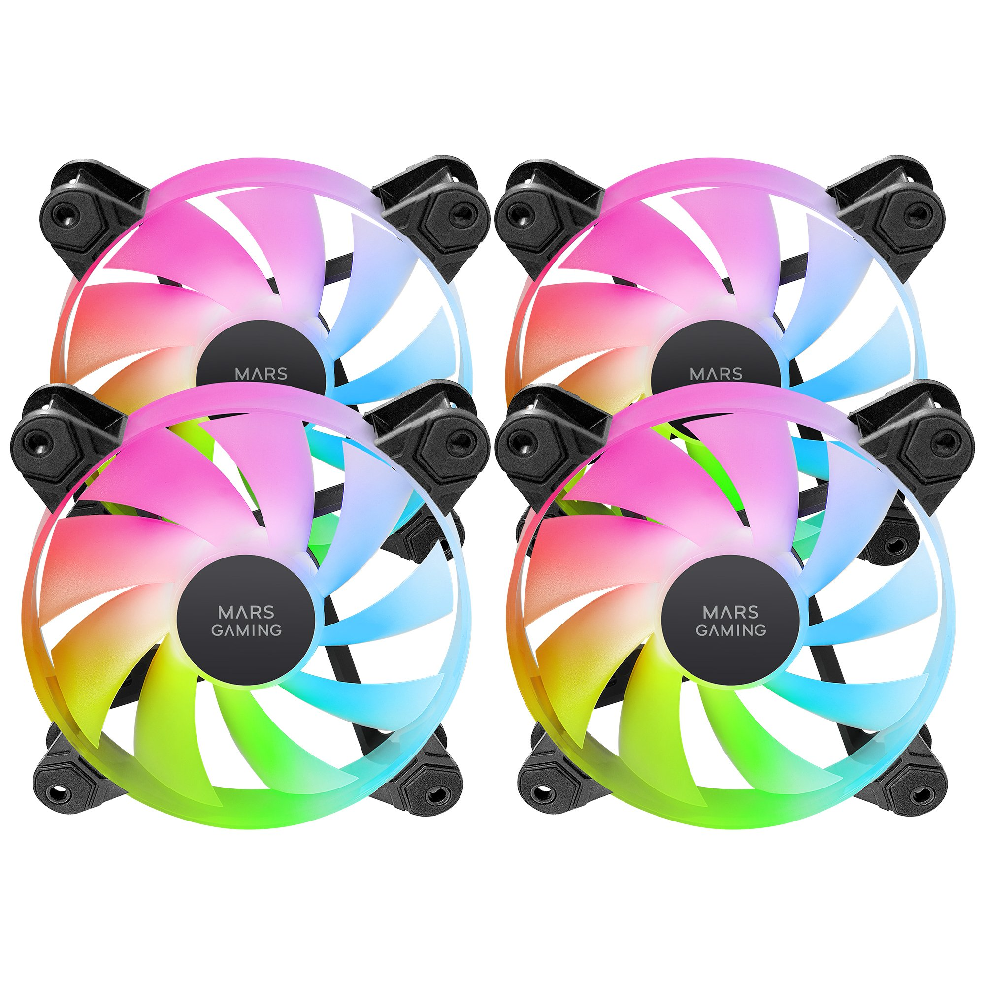 Quattro ventole PC con illuminazione RGB in rosa, blu e verde.