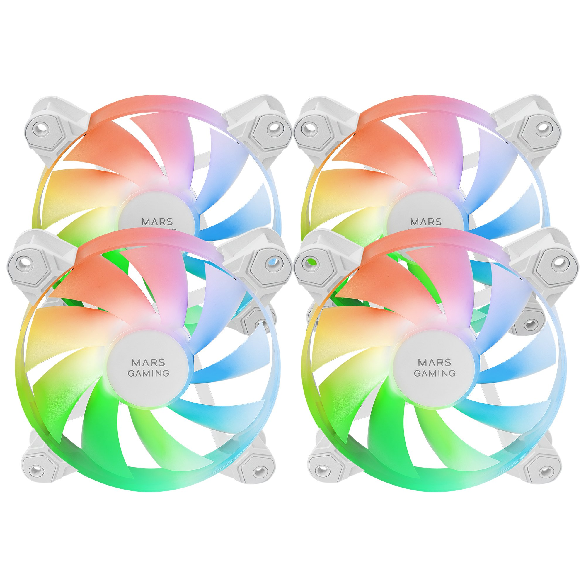 Quattro ventole bianche con illuminazione RGB arcobaleno su sfondo bianco.