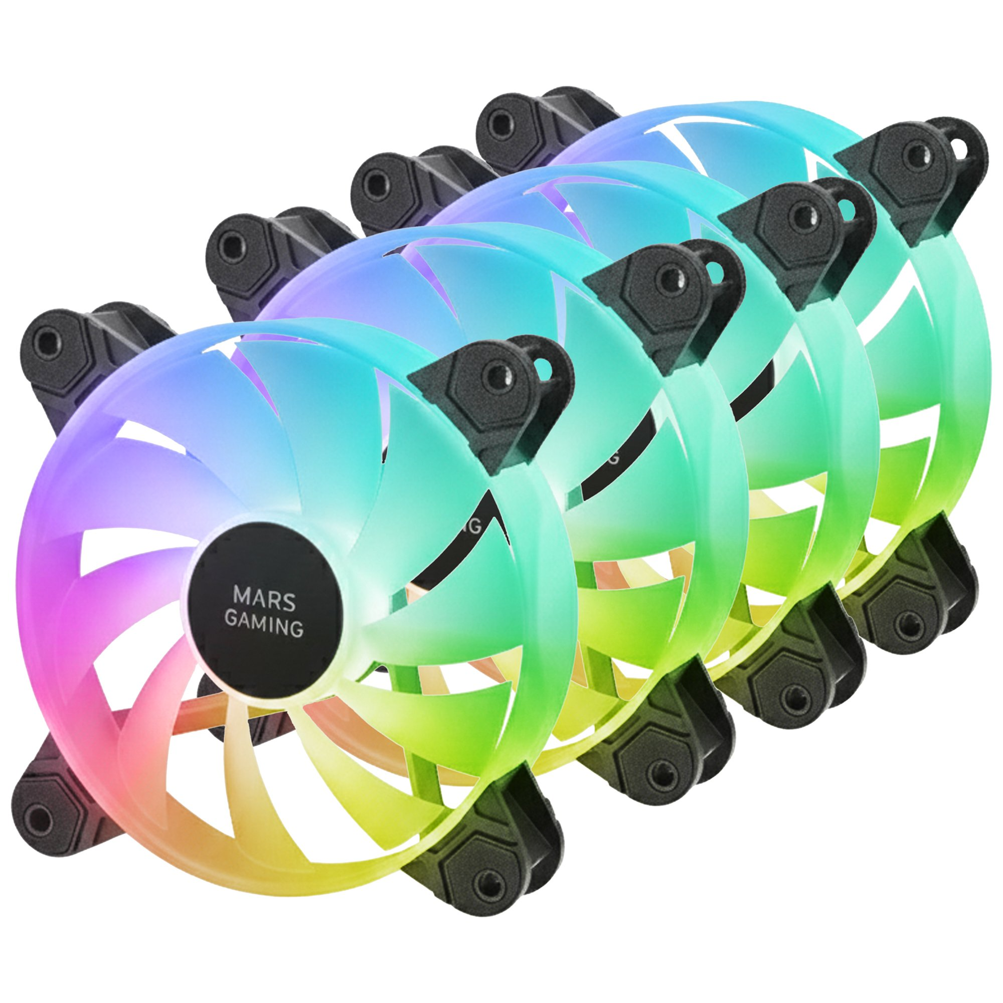 Cinque ventole RGB per PC colorate con supporti neri, allineate una accanto all'altra.