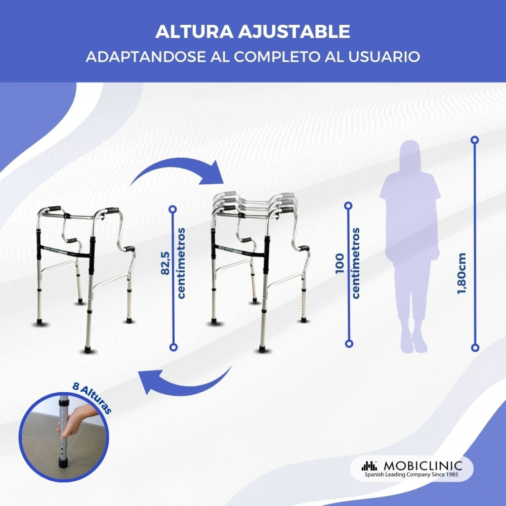 Andador ajustable en altura de 82,5 cm a 1,80 m, 8 alturas.
