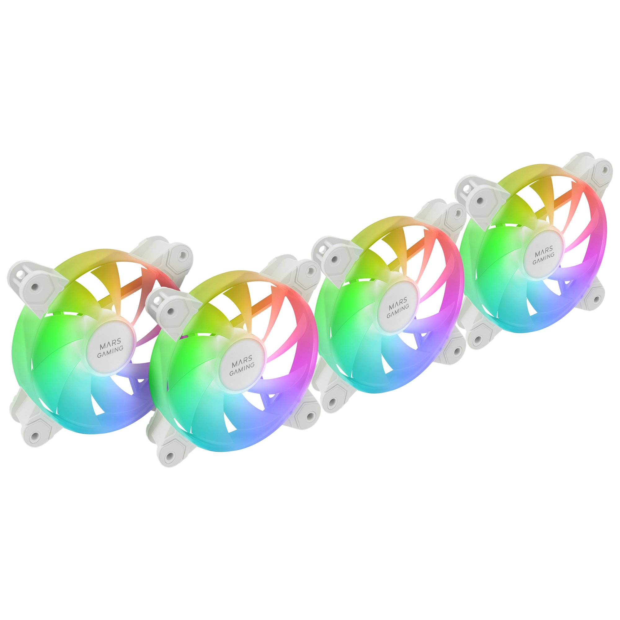 Quattro ventole bianche con illuminazione RGB e logo Mars Gaming.