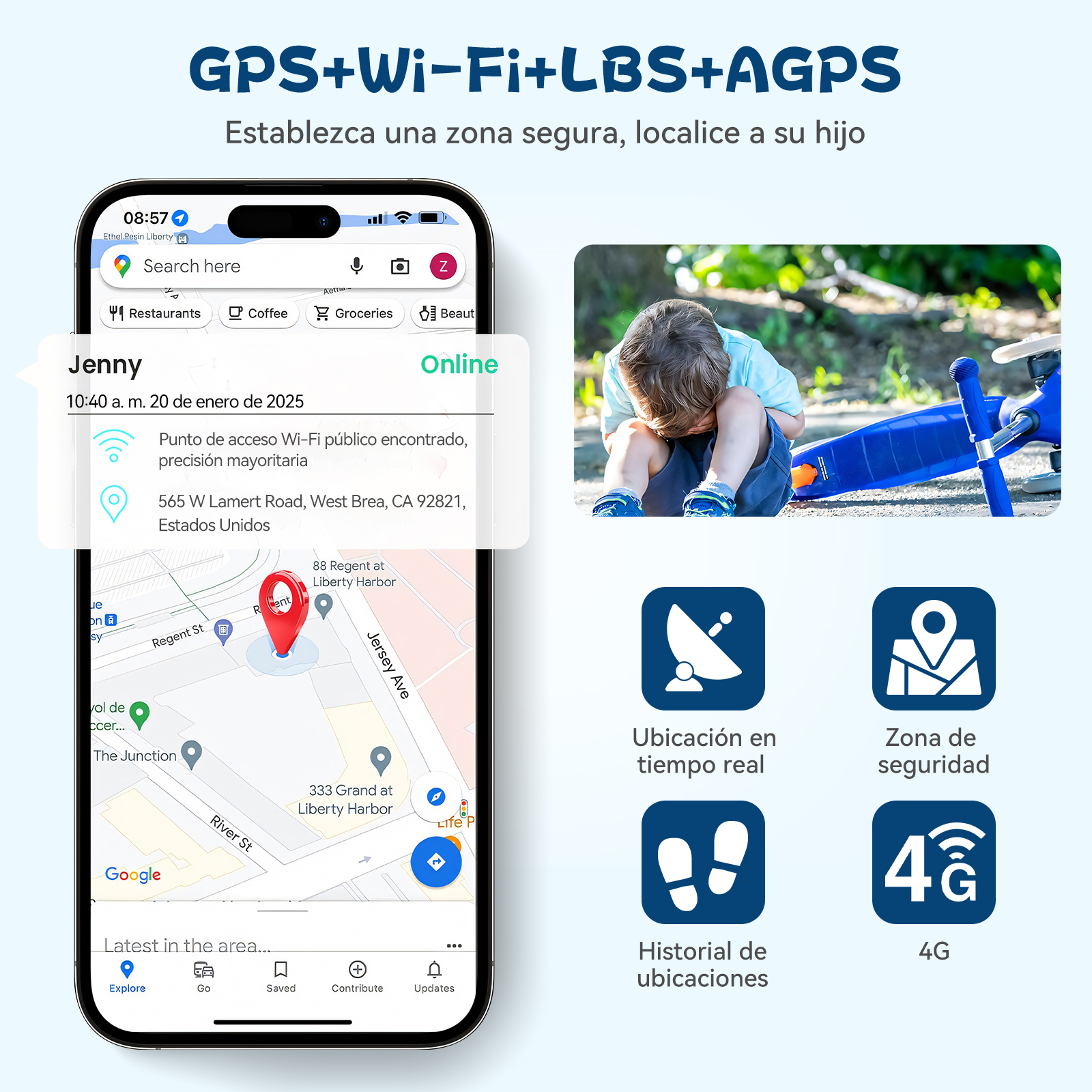 Telefon pokazuje aplikację do śledzenia dziecka z mapą. Obok chłopiec i ikony.