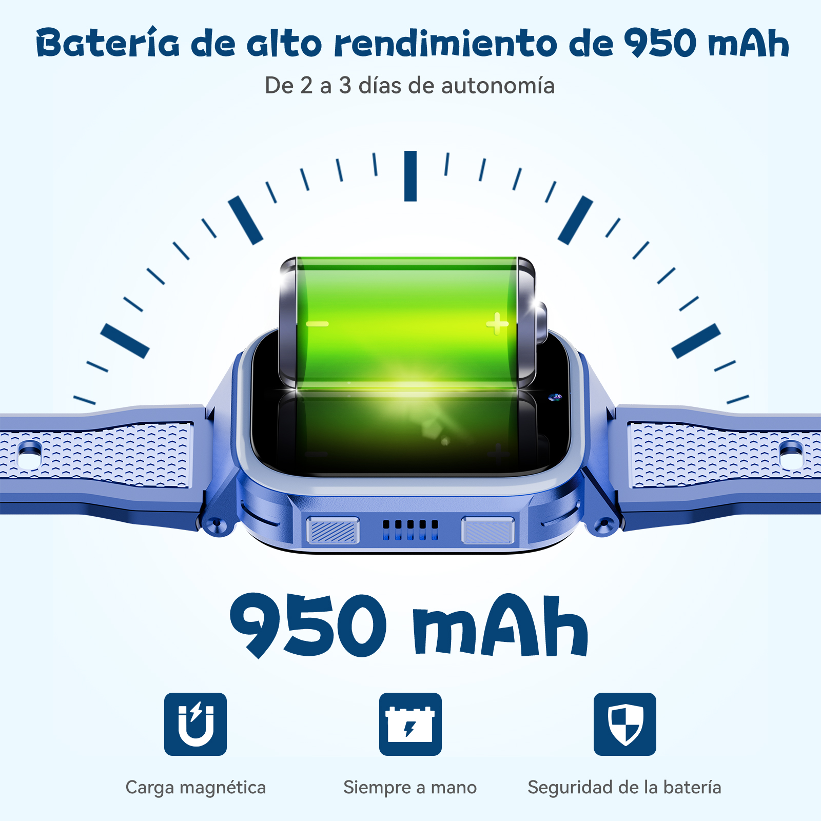 Niebieski smartwatch z jasnozieloną baterią i tarczą zegara.