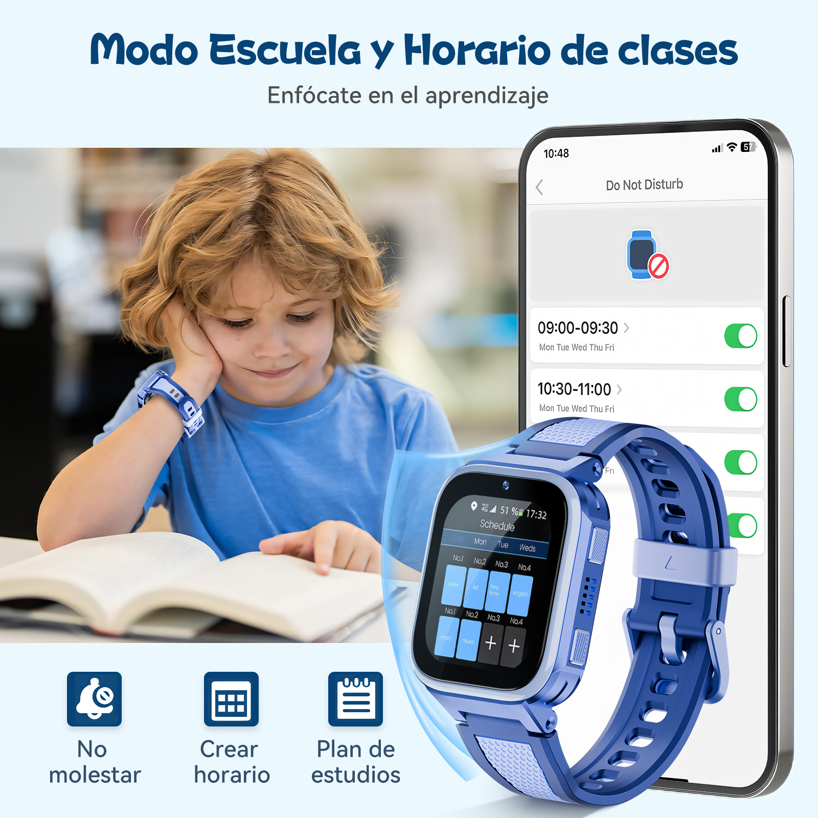 Chłopiec w niebieskiej koszuli się uczy. Widoczny smartwatch i smartfon.