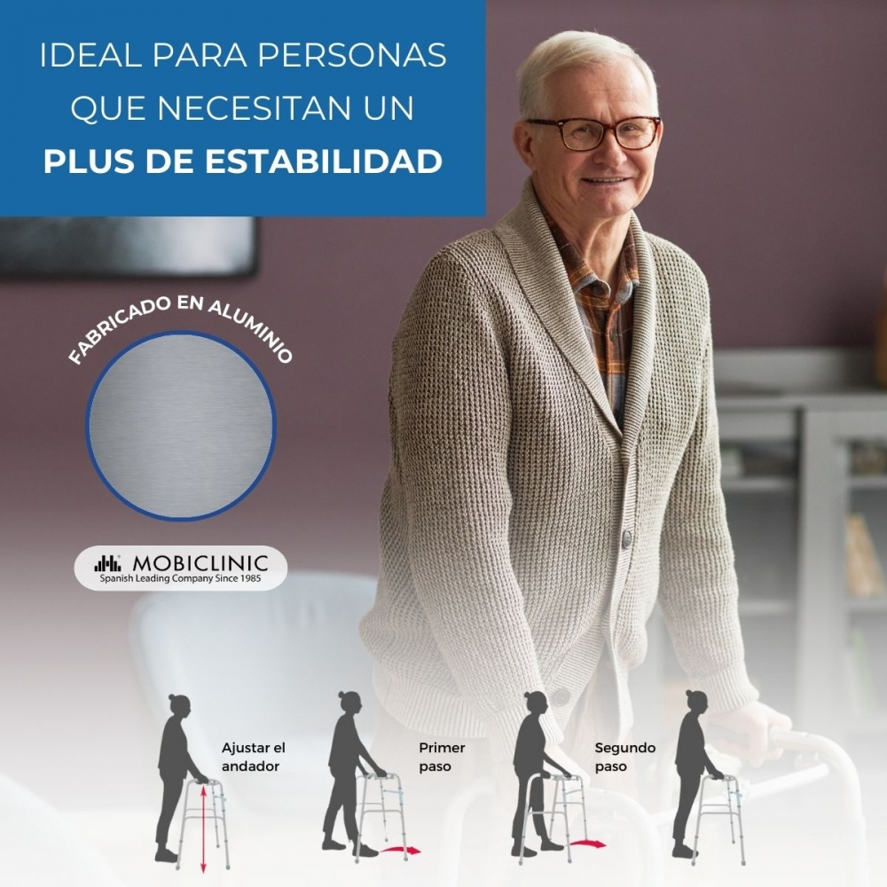 Hombre mayor con andador, que ofrece estabilidad. Marco de aluminio.