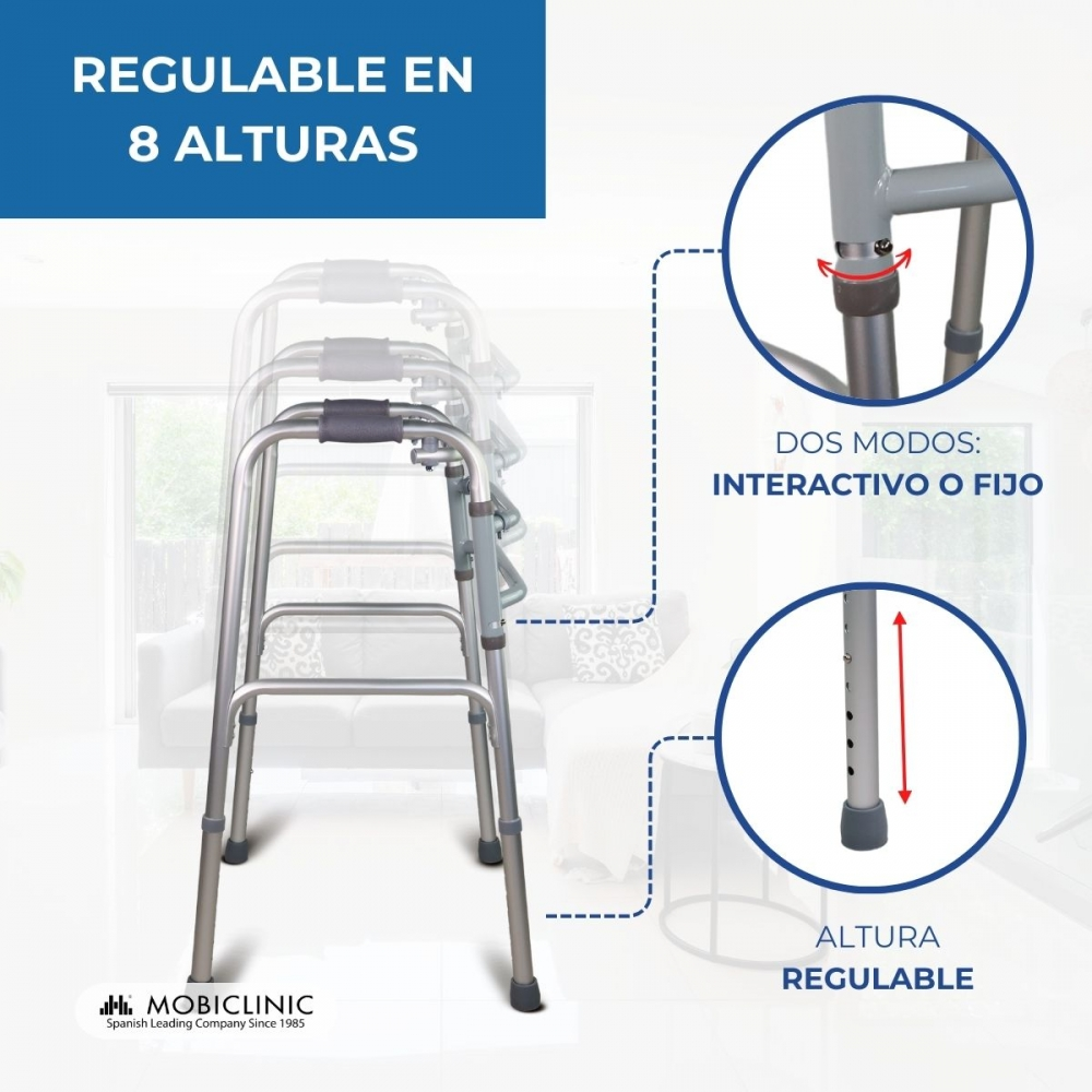 Andador regulable en 8 alturas, con dos modos: interactivo o fijo.