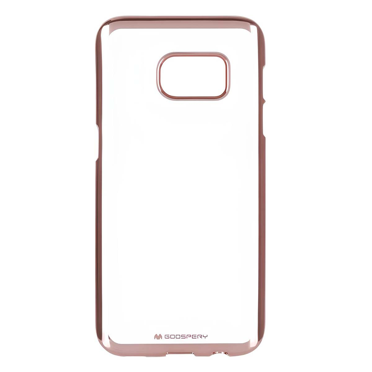 Una funda transparente para teléfono con borde oro rosa y recorte de cámara.