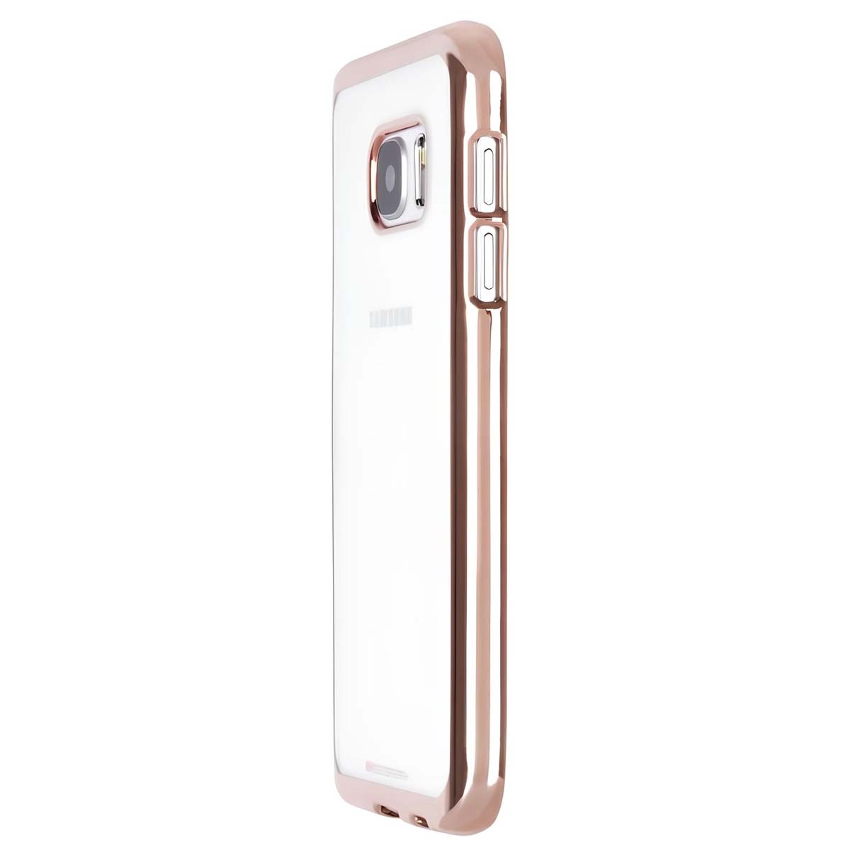 Una funda de teléfono transparente con borde y botones dorados.