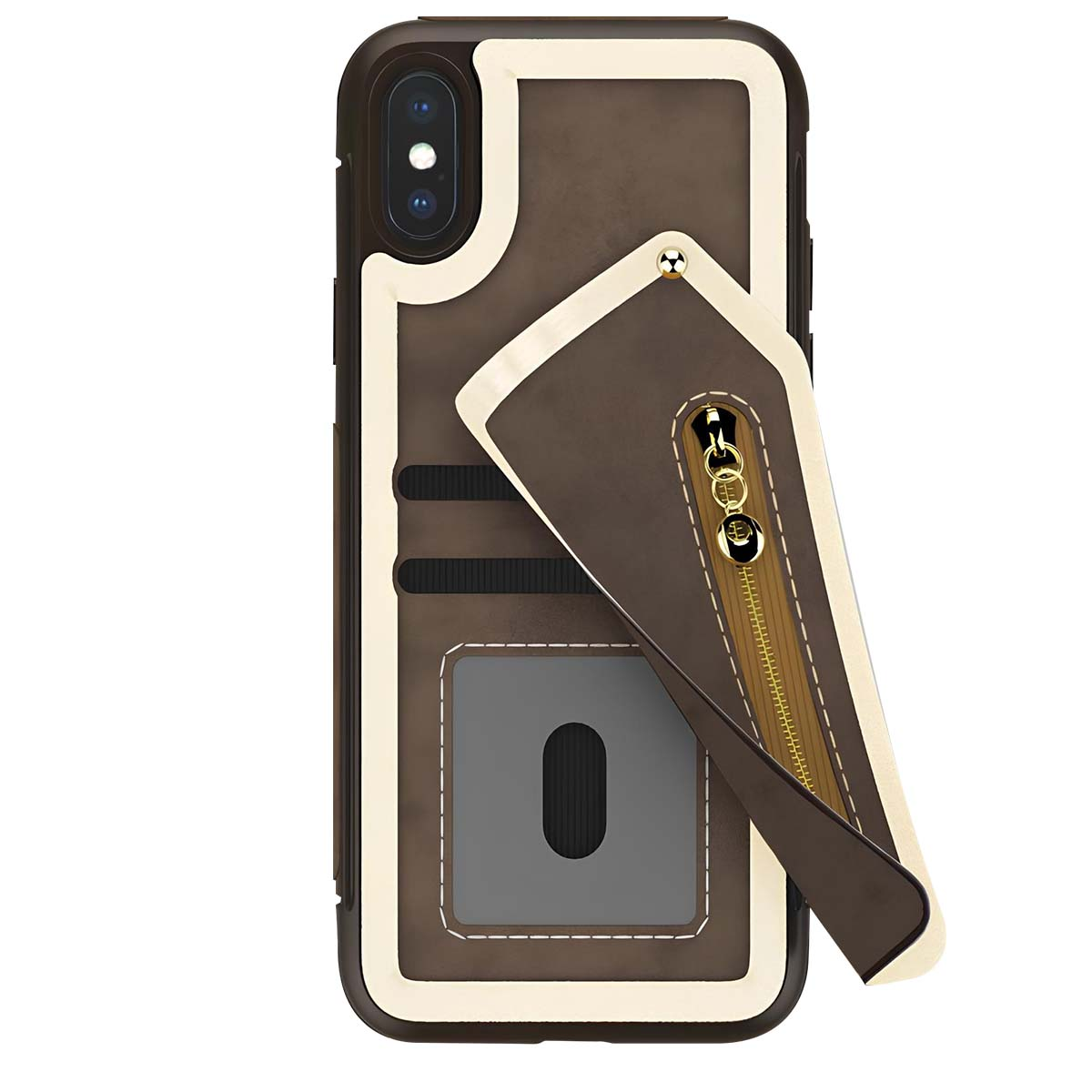 Custodia per telefono marrone con cerniera e slot per carte.