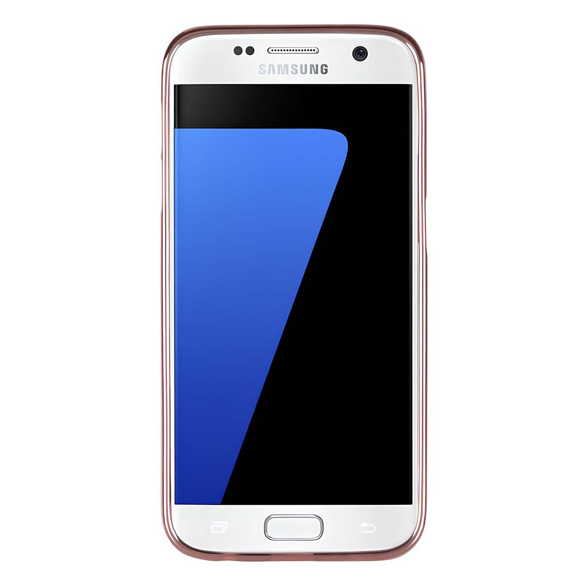 Un smartphone Samsung blanco con marco oro rosa, mostrado de frente.